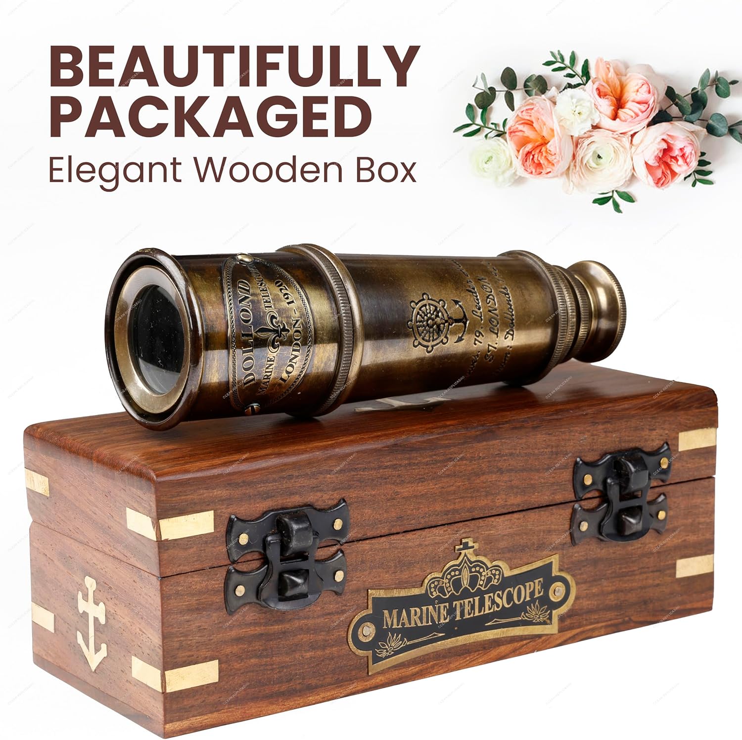 1920 Dollond London Brass Maritime Telescope – 15” Vintage Nautical Spyglass Pirate Telescope Antique Look – Solid Brass Mounted Scope with Wooden Box