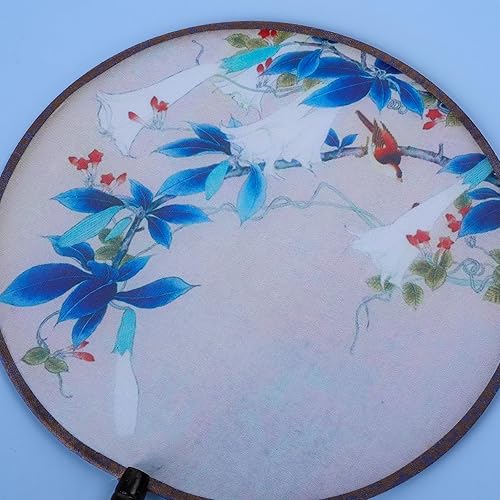 Miniatura 7 de Whaline Paquete de 2 abanicos redondos chinos, abanicos de mano antiguos de seda translúcida, abanicos de mano vintage de doble cara, rosa y azul,