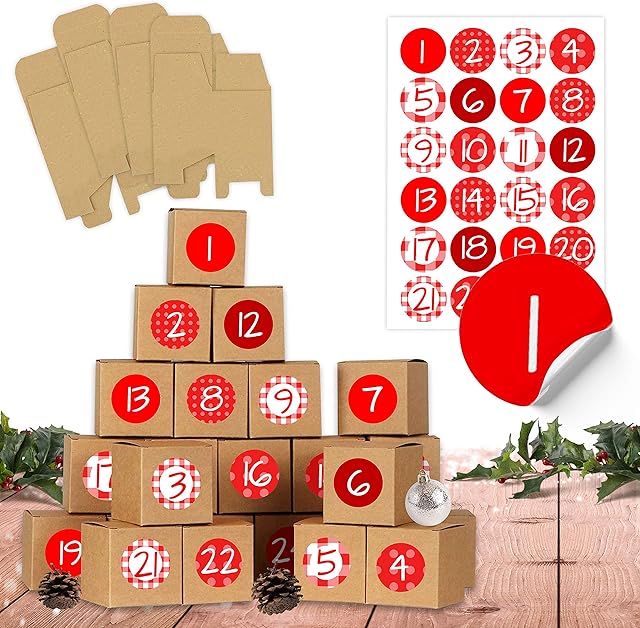Papierdrachen Kalendarz adwentowy DIY do wypełnienia - 24 pudełka - czerwony - 24 naturalne brązowe pudełka z kartonu 400g/m² do postawienia i ozdobienia - 24 pudełka - Boże Narodzenie