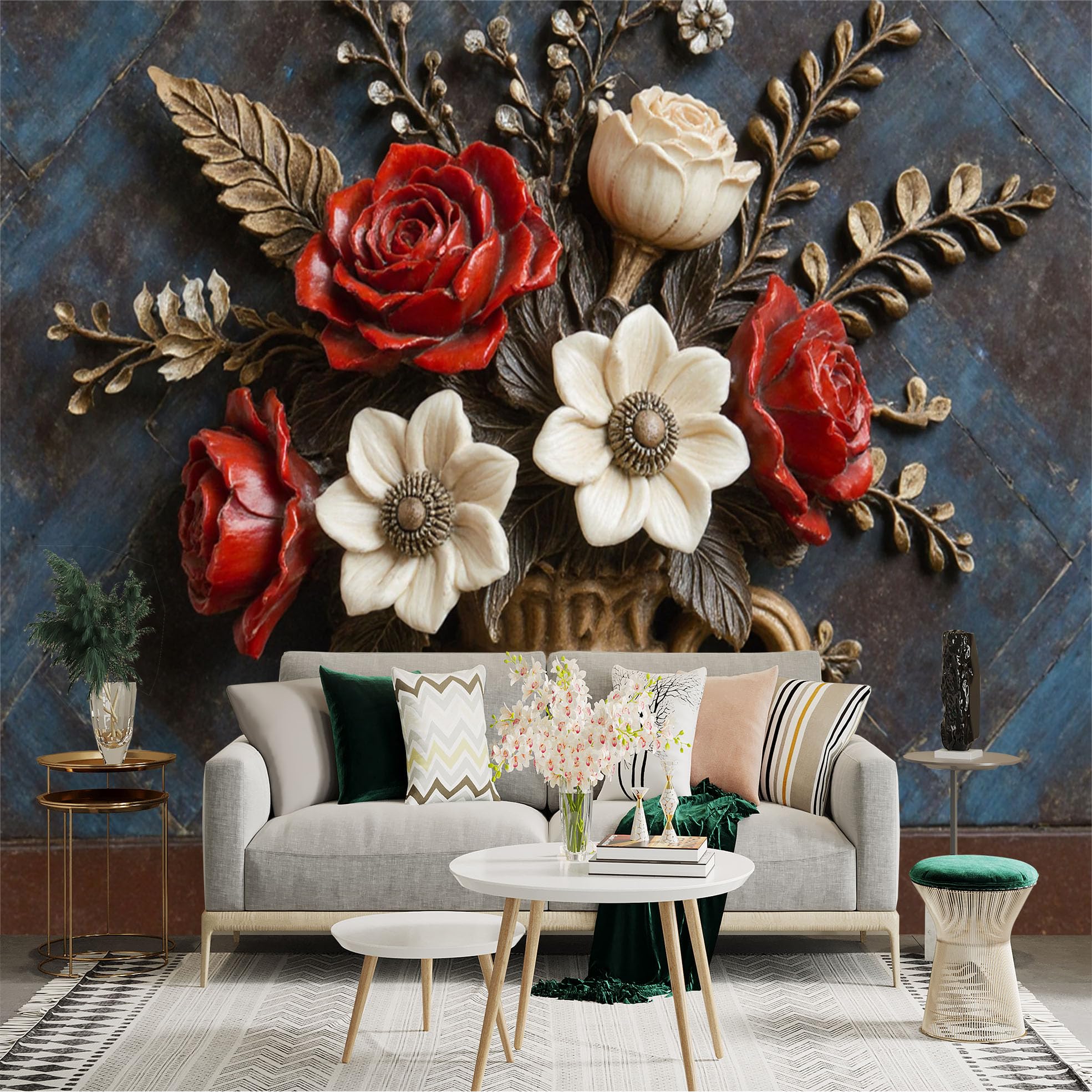 Custom Size Wall Sticker Mural， Vintage 3D Floral Arrangement， Elegant Red and White Blossom Bouquet in Ceramic Vase， Classic Decorative Botanical Art， for wall Decoration， peelandstick wall Decals.