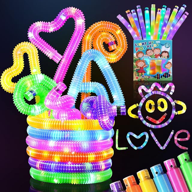 Tesoyzii Fidget Toys 12/18 Pcs Pop Tubes Glow Sticks Birthday Party Decoration Set