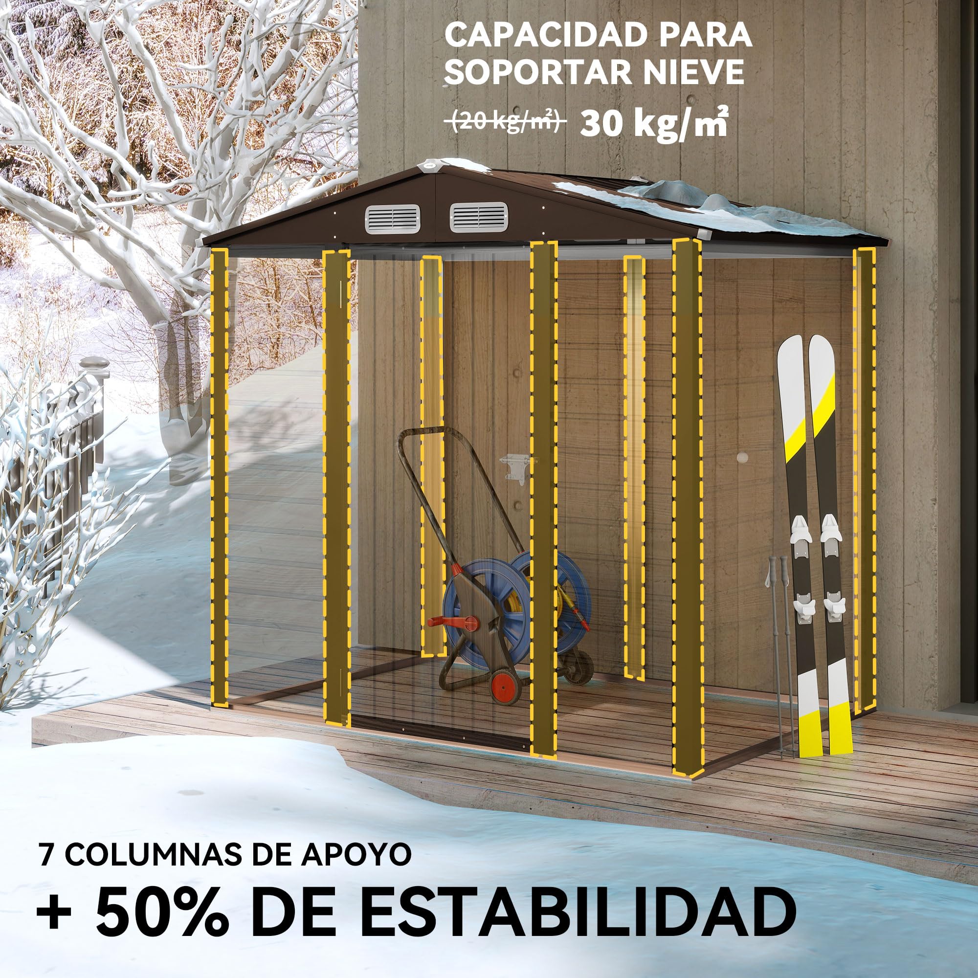Outsunny Caseta de Jardín Exterior, 2,27 m² 190x131x188 cm, Cobertizo de Jardín Exterior Metálico con 2 Ventilaciones, Puerta con Cerradura, para Almacenamiento de Herramientas, Roble - 4