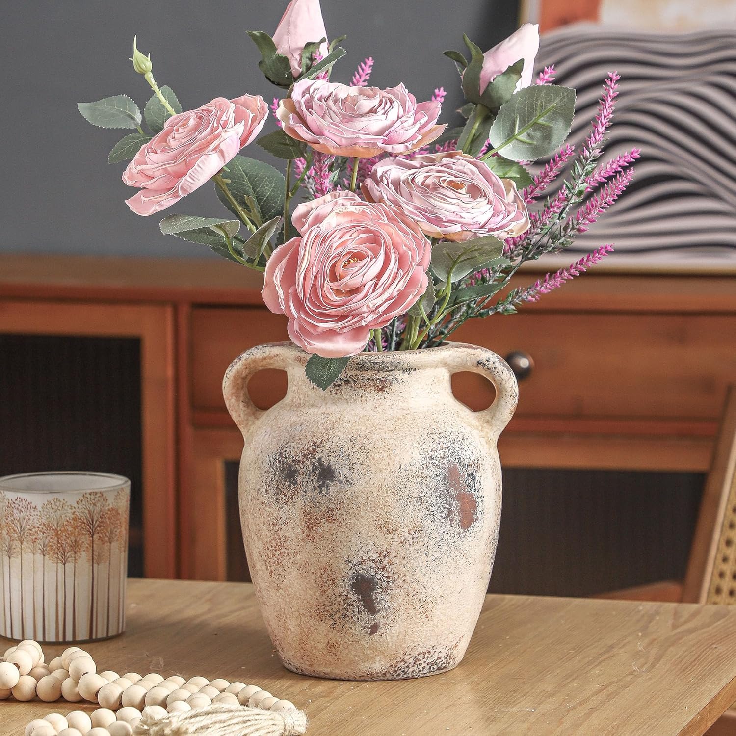 Enra Rustic Farmhouse Vase with Handle,7.8 Inch Pottery Decorative Flower Vase for Home Decor,Large Vintage Terracotta Vase for Table, Living Room, Bathroom Decoration, Shelf Decor, Mantel Rustic -7.8 in