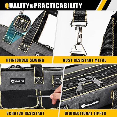 Miniatura 5 de Bolsa de herramientas de 17 pulgadas para hombres con base moldeada impermeable, bolsa de boca ancha de alta capacidad, bolsas de herramientas para