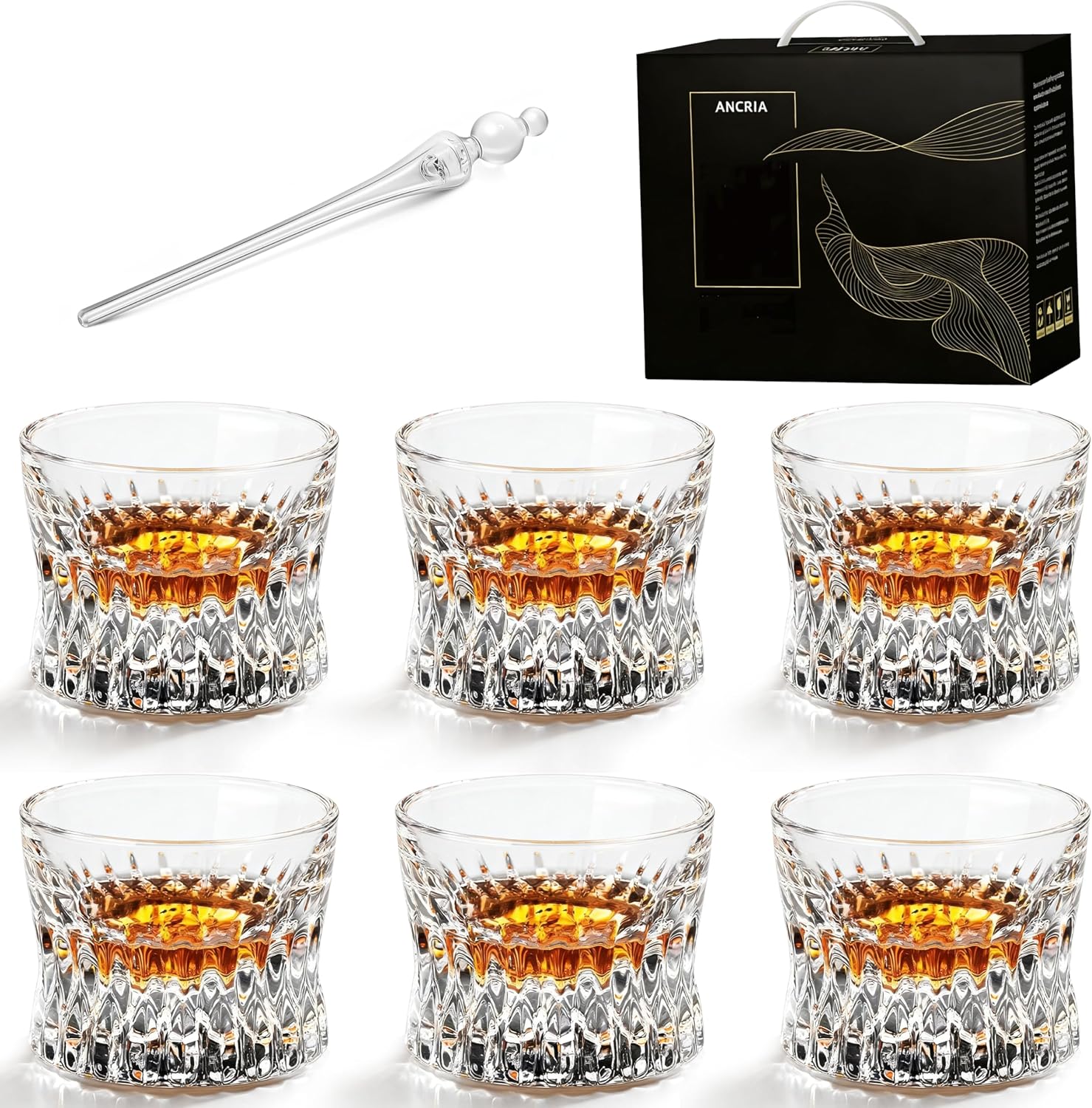 Whiskey Glass Set of 6 – Premium Lowball Glasses (4 oz) for Bourbon, Scotch, Rum, Cognac & Vodka – Crystal-Clear Old Fashioned Glasses, Ideal Holiday Gifts,Includes 1 Pack Water Pipette(Clear)