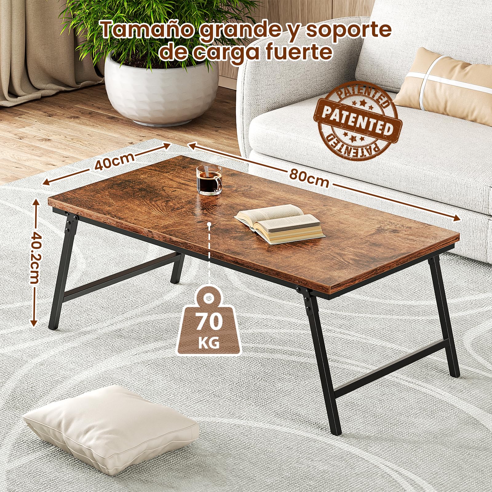 Mesa de Centro Plegable, Mesa Baja Pequeña, Patas con Hebilla Fija, 80 cm, No Requiere Montaje, Mesa Auxiliar de Madera para Sofá, Muebles de Salón, Dormitorio, Marrón Vintage