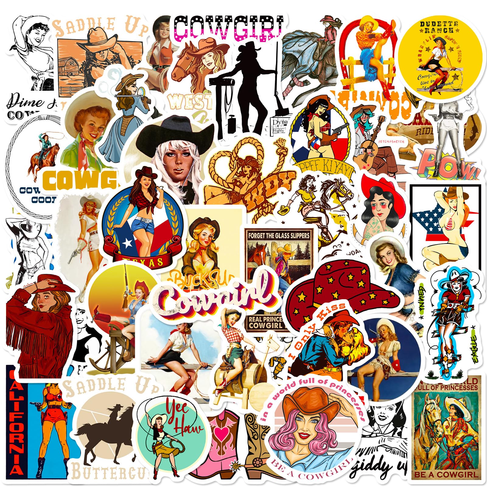 AUCEKO 50PCS Multicolor Western Cartoon Cowboy Stickers, Vinyl, Perfect for Laptops, Water Bottles, Skateboards & More