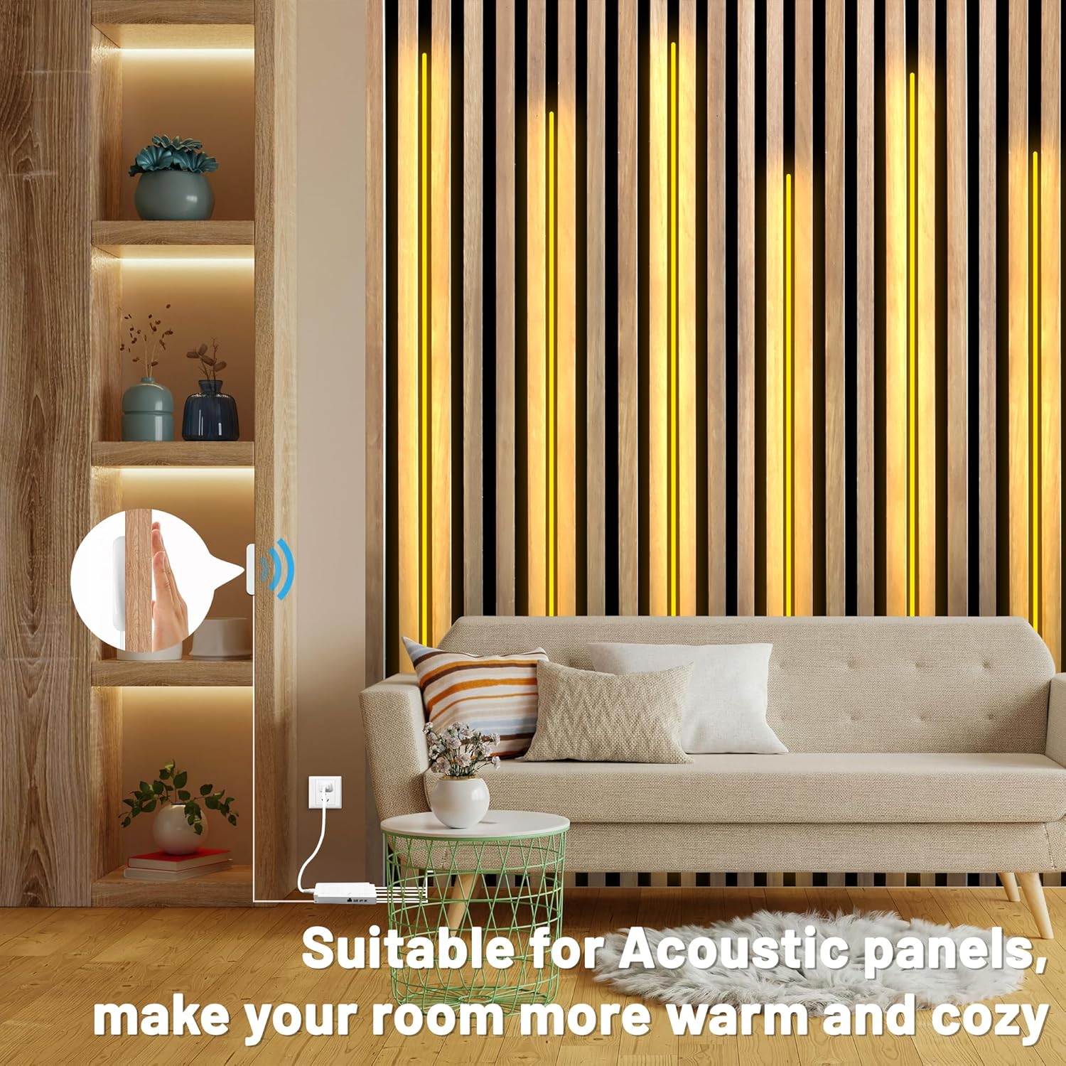 Lichaser 9.84ft COB LED Strip Light, 6 Rolls of 3000K Flexible COB LED for Acoustic Panel and Wood Slat Wall Panels Parallel with Dimmable Touch Sensor Switch, Cuttable for Wood Slat Lighting, Shelf