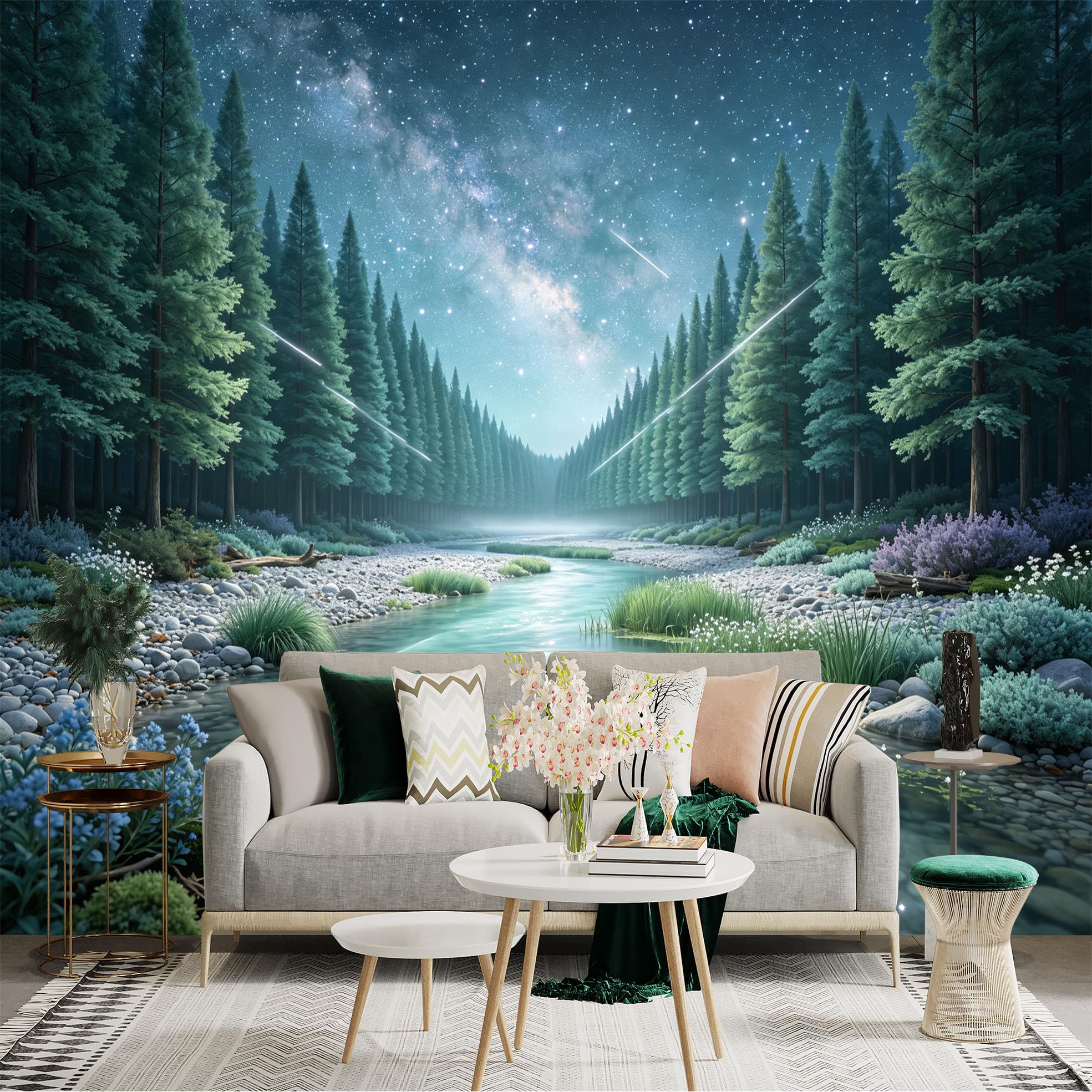 Lnzczhyre Bh260719582 Custom Size Wall Sticker Mural， Serene River Flowing Through Coniferous Forest， Starry Night Sky， Glowing Nature Scenery， For Wall Decoration， Peelandstick Wall Decals.