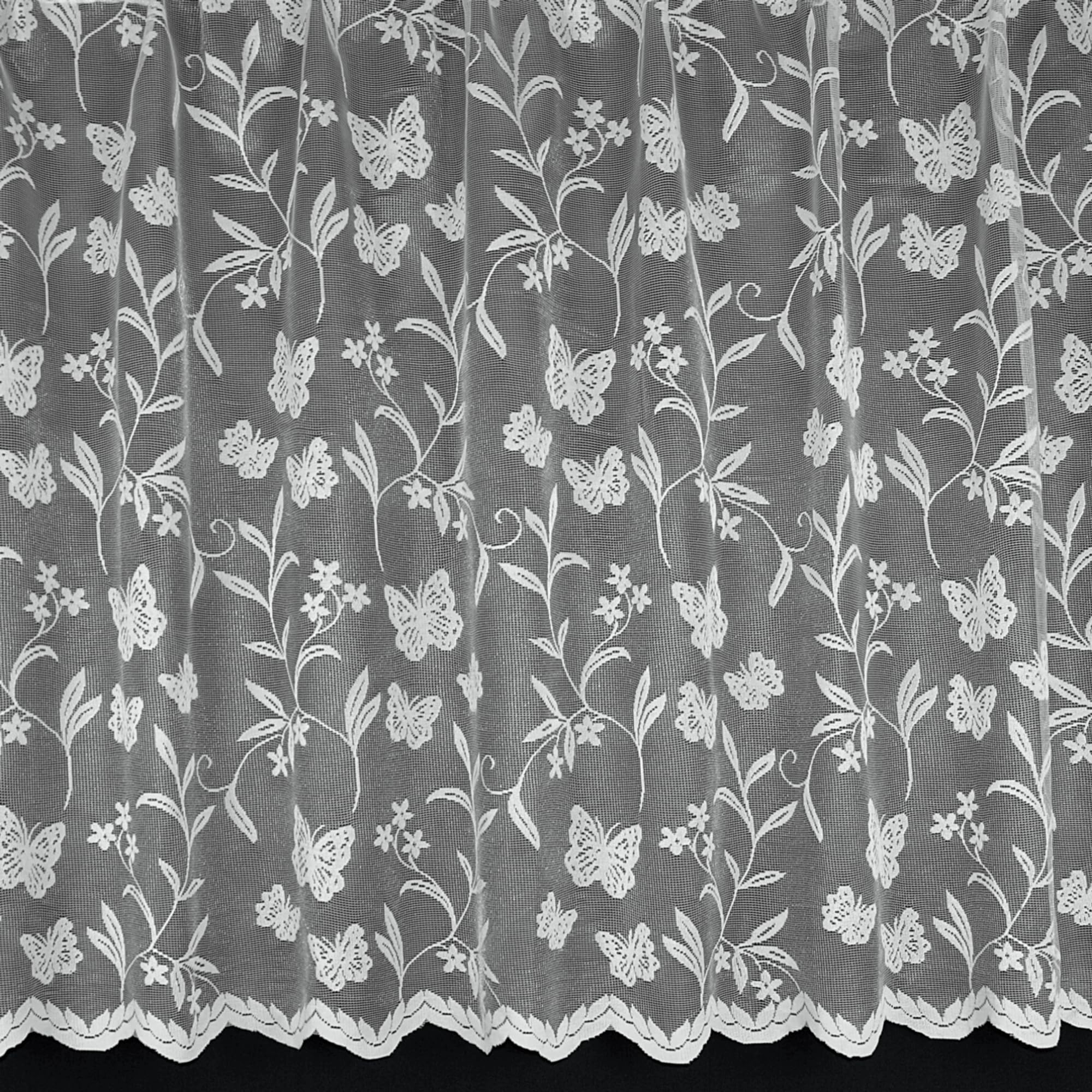 White Camila 45Inch (114Cm) Drop Window Net Curtain With Butterflies & Floral Design With Loveley Butterfly Detail. Sold By The Metre