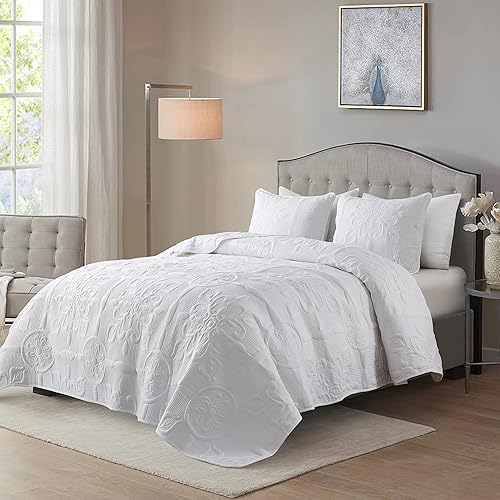 Miniatura 2 de Juego de ropa de cama de damasco de tamaño individual con funda de almohada, colcha ligera y suave, manta acolchada blanca fina para todas las