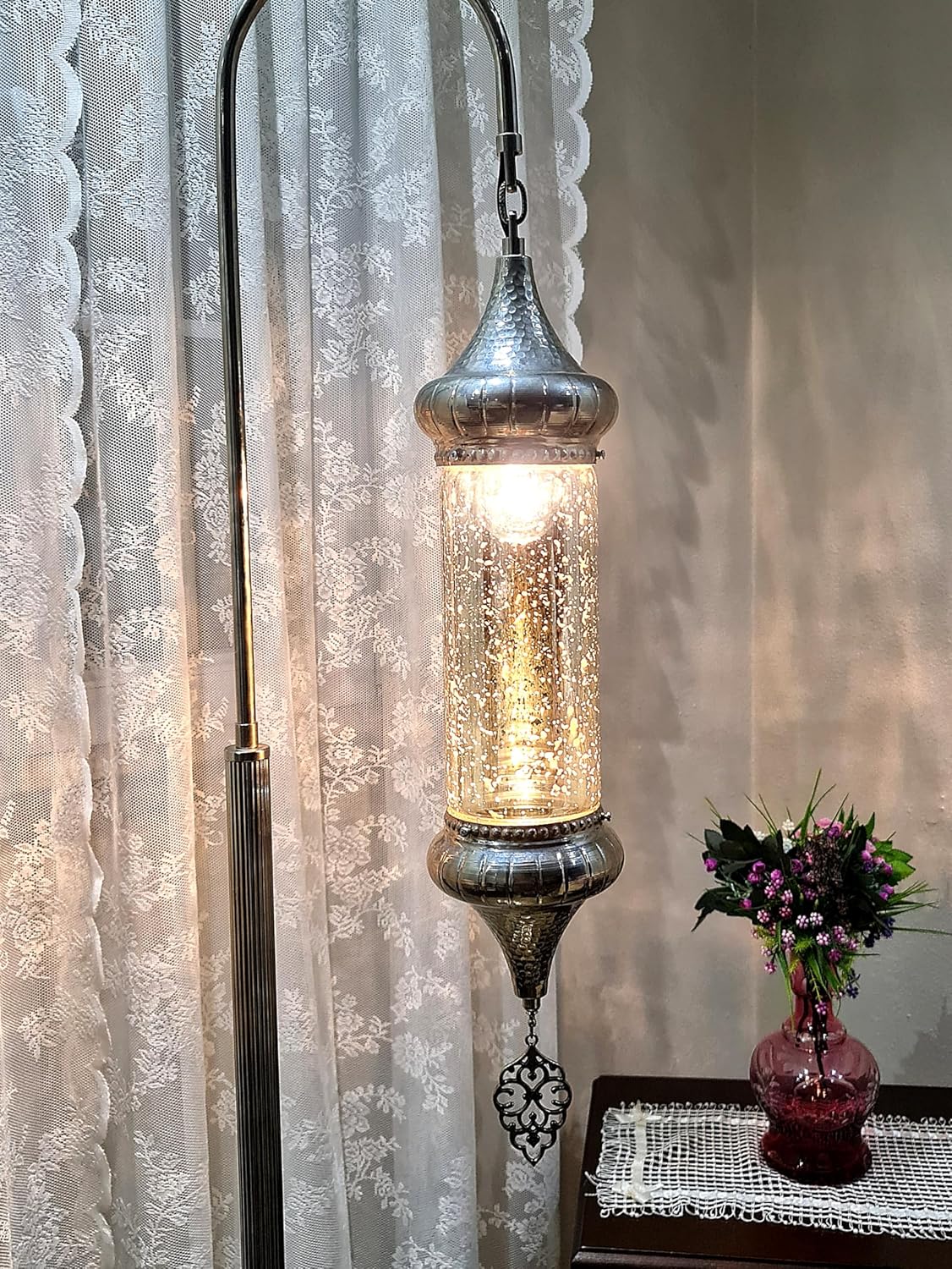 Turkish Light Floor Lamp Elegant Moroccan Design Silver Color Cylinder Glass Standing Lamp for Exquisite Home Decor Handmade Home Decor Combines Artistry and Modern functionality