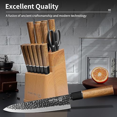 Miniatura 7 de Juego de cuchillos negro juego de cuchillos de 15 piezas con bloque y afilador para cocina, acero inoxidable alemán de alto carbono y artesanía