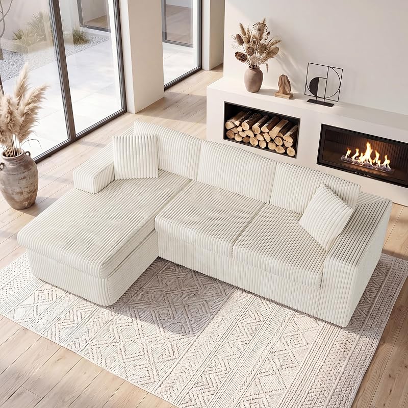Shintenchi 104 Boneless Couch, L Shaped Modular Sectional Sofa with Deep Seat, Cloud Foam Couch with Oversized Chaise Lounge, No Assembly Required Plush Corduroy Living Room Furniture, Beige image 7
