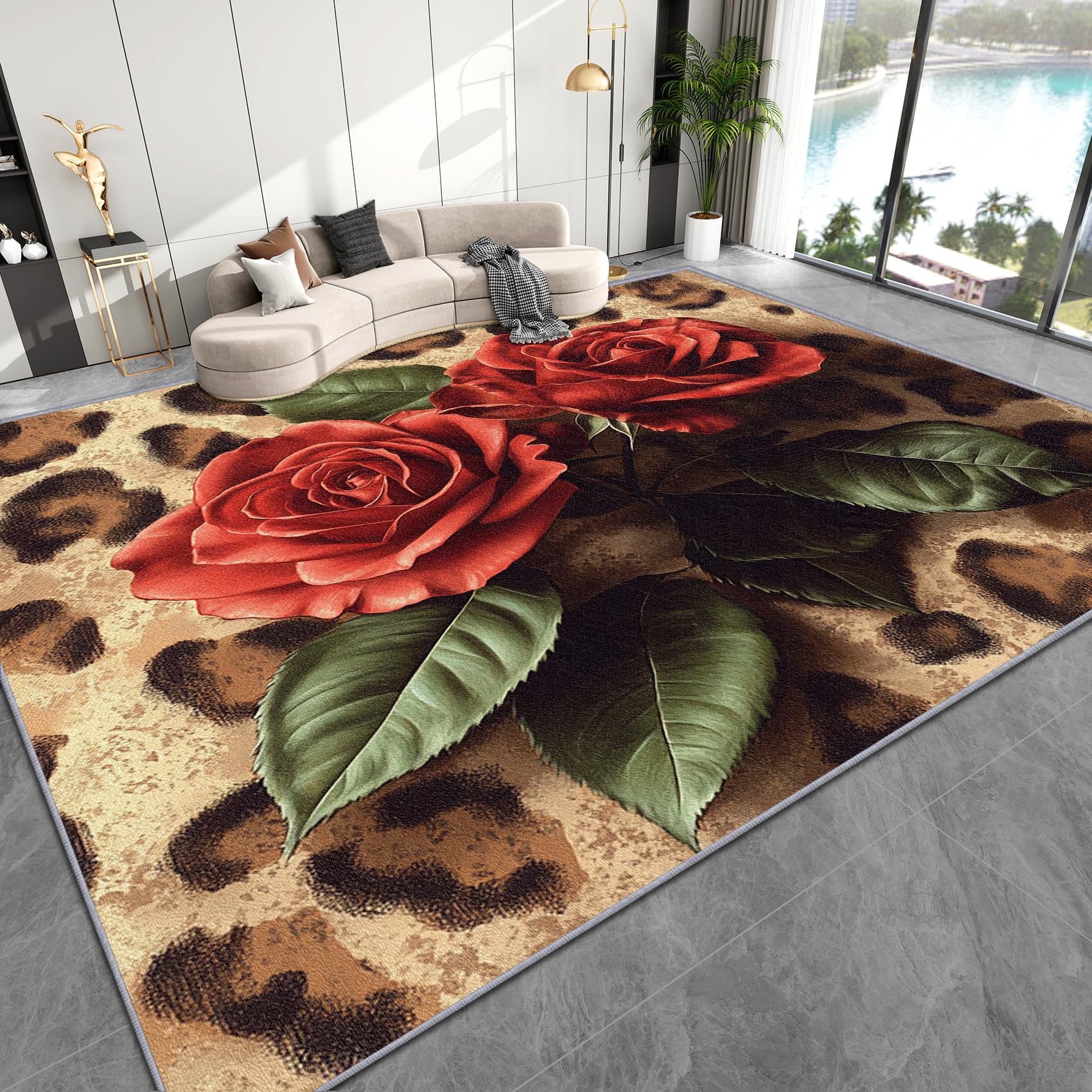 Rosen Deko, Leopardenmuster Teppich 240x340 Kurzflor, Großer Teppich Wohnzimmer Luxus Modern Floral, Weich rutschfest Waschbare Teppiche, Bettvorleger Schlafzimmer Kinderzimmer