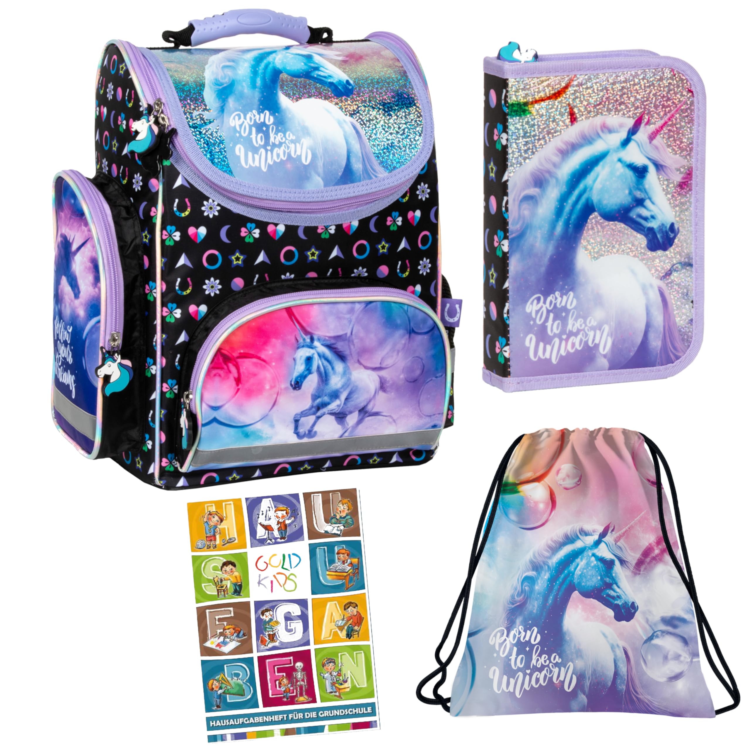 Goldkids - Mochila escolar para niños y niñas, juego de 4 - Mochila escolar para niños con bolsa de zapatos, estuche con equipamiento- cuaderno de deberes - diseño de unicornio - 1-3 clases, Juego de