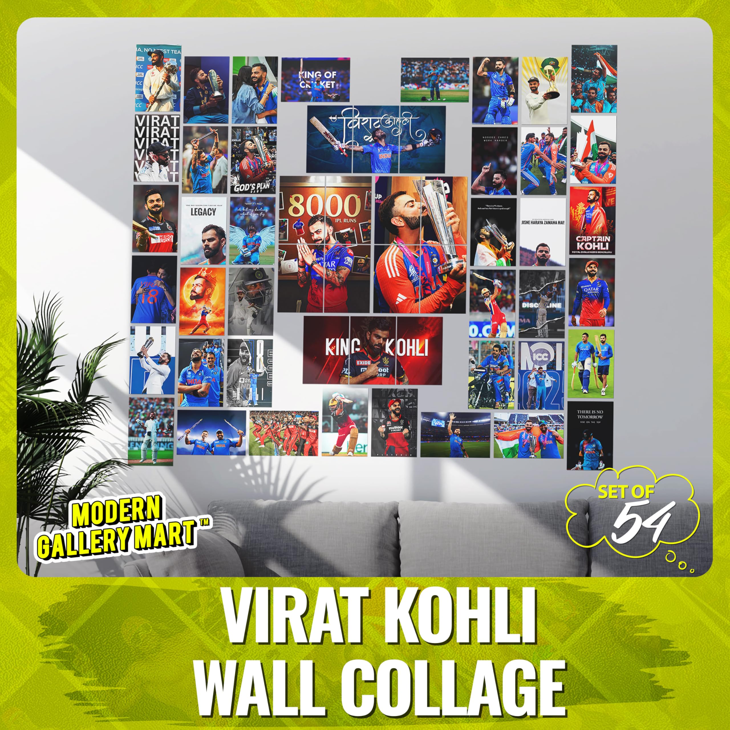 MODERN GALLERY MART Pack of 54 Virat Kohli Wall Collage Kit Posters - 4 x 6 Inches Posters for Wall Decoration - Wall Art For Bedroom, Office, Living room, Dorm room - Glue Dots Included