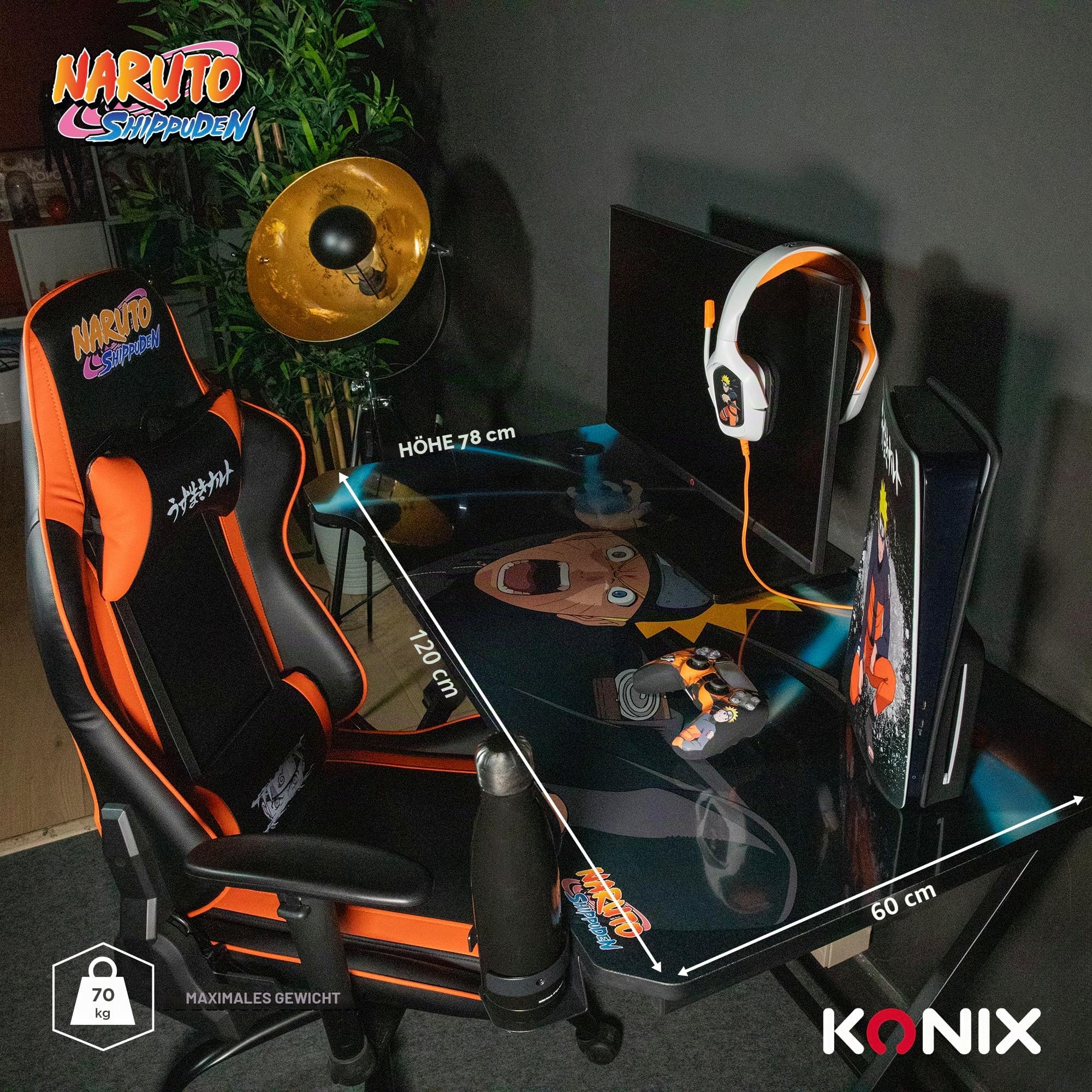 Konix Naruto Shippuden Gaming Schreibtisch 121 x 69 x 76 cm in Y-Form - Holz- und Metalltisch - Becherhalter - Kopfhörerhalter - Naruto Rasengan Motiv