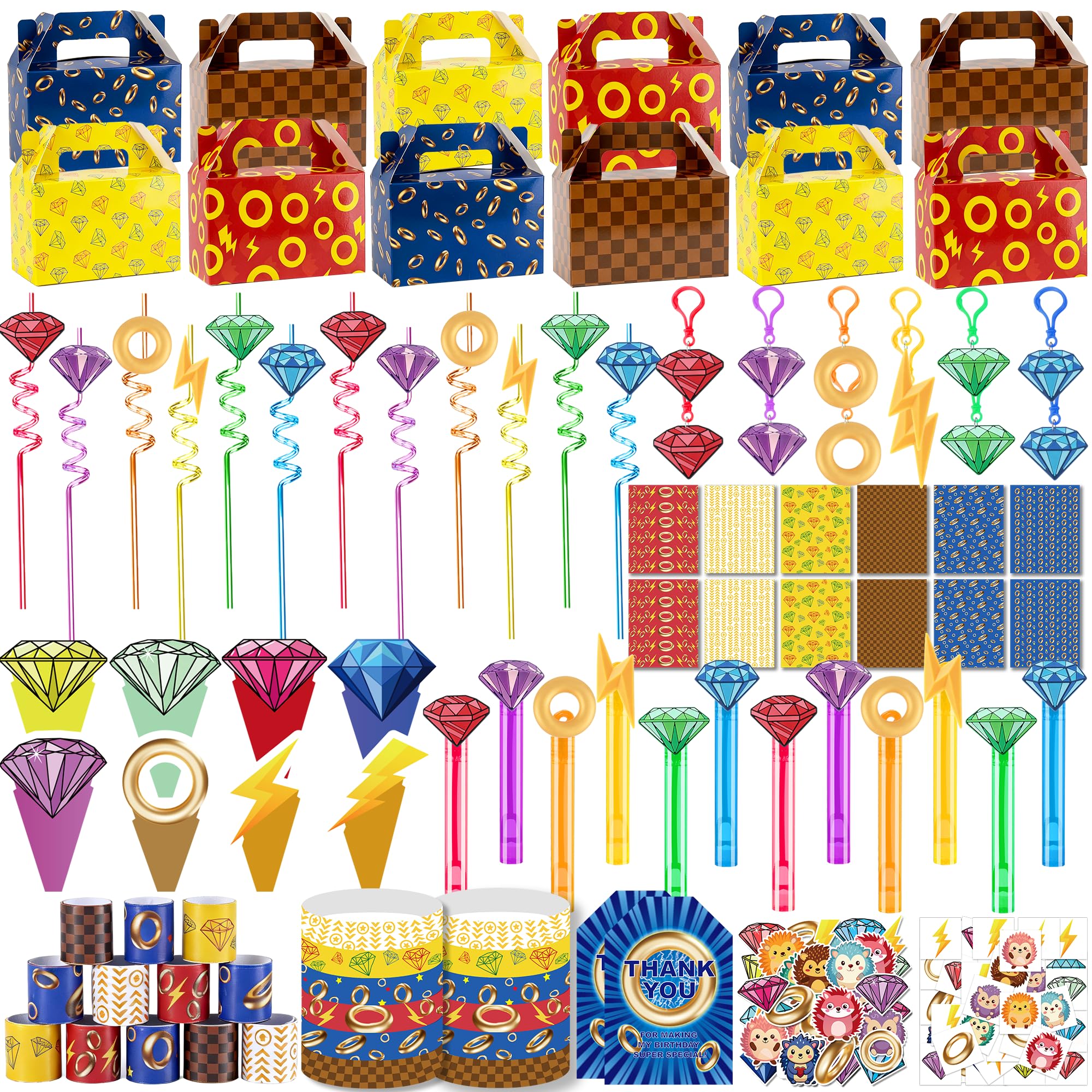 320 piezas de recuerdos de fiesta temática de erizo, suministros de decoración de fiesta de cumpleaños, anillos azules y dorados, bolsas de regalo, relleno de piñata