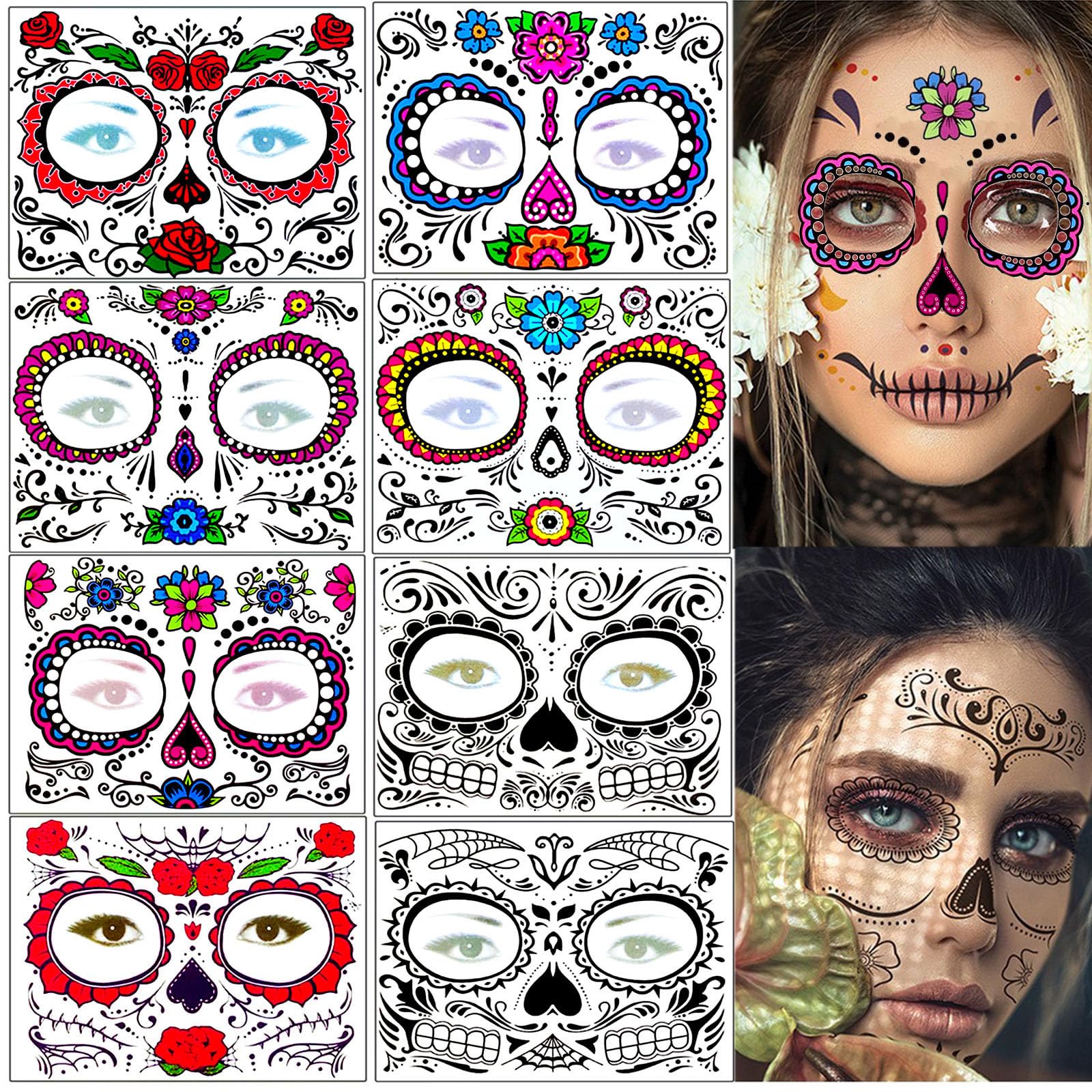 Halloween Tatuaje Temporal de la Cara 8 Kits Pegatinas Halloween Cara Tatuajes Temporales Tatuaje de cara de Halloween Pegatinas de Maquillaje Facial,Skull Stickers para Halloween Disfraces y Fiestas