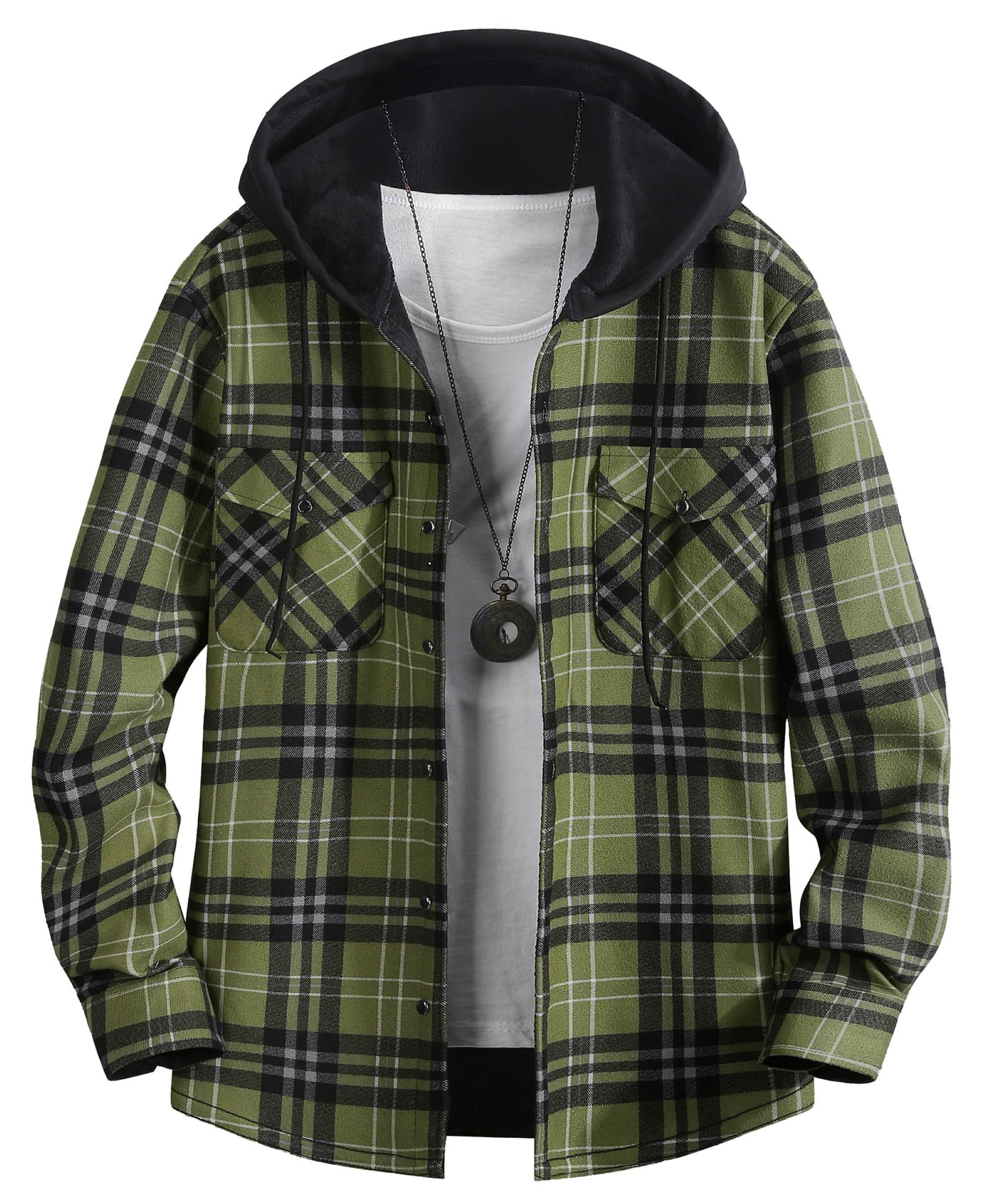 QIXING Sudadera con capucha para hombre, de franela, a cuadros, con forro polar, cálida, de manga larga, suave, con botones