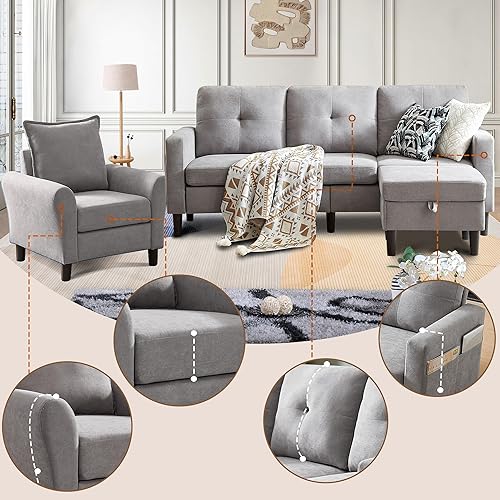 Miniatura 4 de Juego de sofá seccional de 2 piezas, juego de sofá y silla de 3 asientos con bolsillos laterales y otomana de almacenamiento móvil, moderno juego de