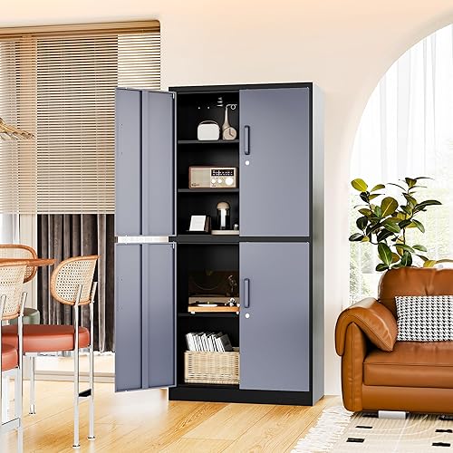 Miniatura 97 de Armario de almacenamiento de metal de 71 pulgadas con cerradura, resistente, gabinetes de herramientas de garaje con puertas y estantes, gabinete