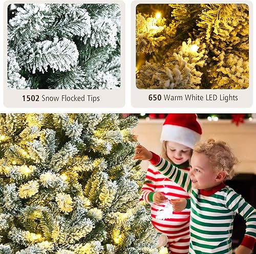 Miniatura 2 de DORTALA Árbol de Navidad preiluminado, árbol de Navidad artificial flocado de nieve de 8 pies con 1502 puntas de rama, 650 luces LED, soporte de