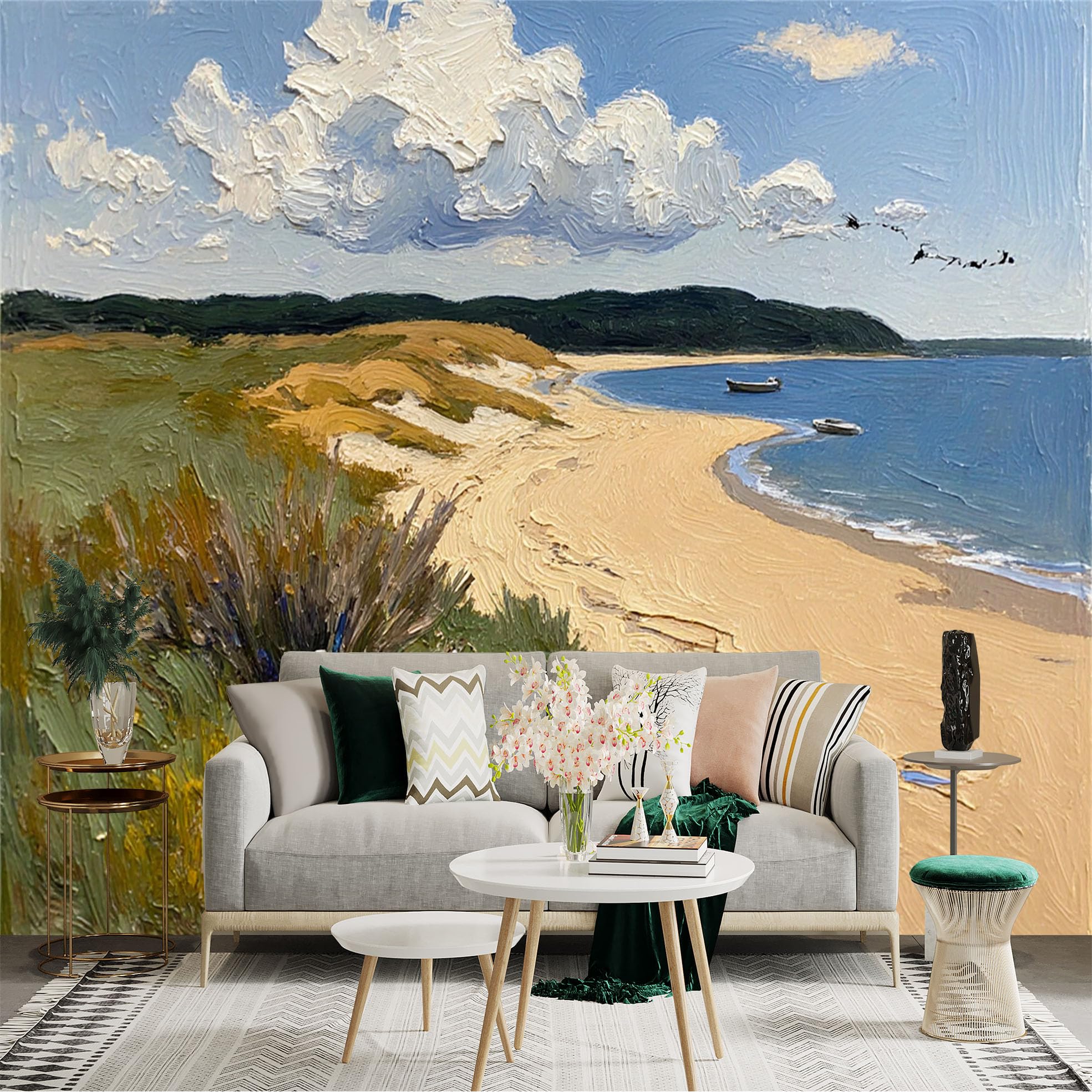 Custom Size Wall Sticker Mural， Oil Painting of Sunny Beach， Dunes and Calm Sea， Scenic Coastal Landscape， for wall Decoration， peelandstick wall Decals.
