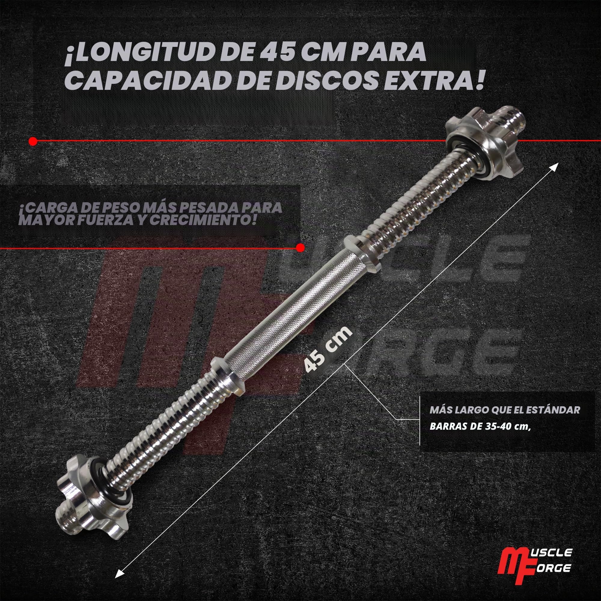 Barra Mancuernas 45 cm – Barra Pesas Roscada Extra Larga con Collares Estrella, Acero Cromado 25-28 mm – Agarre Antideslizante, Carga Alta – Uso En Hogar y Estudio, Curls, Press, Remo