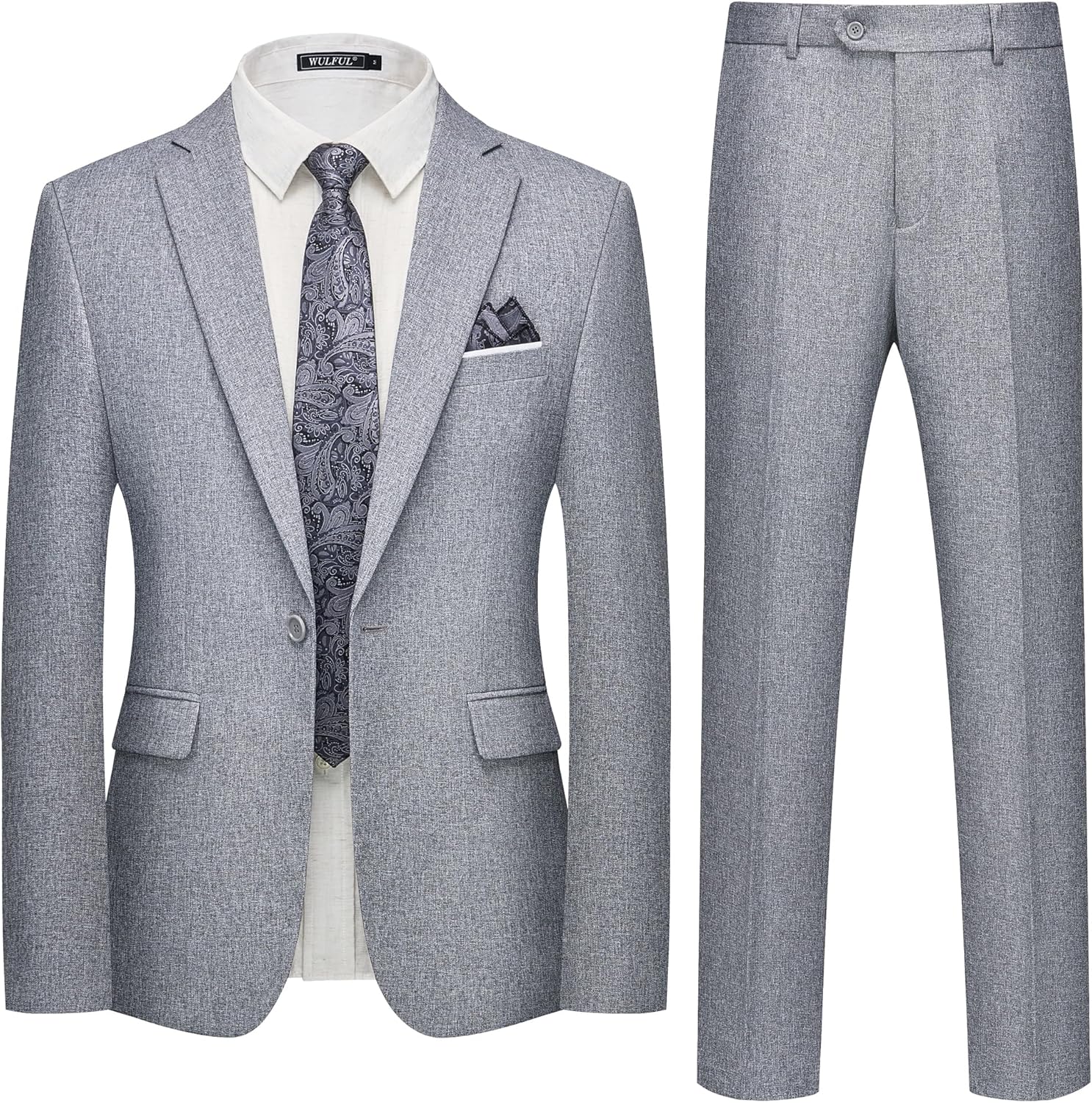 WULFUL Men's Slim Fit 2 Piece Suit, One Button Solid Blazer Business Party Jacket Vest Pants Set
