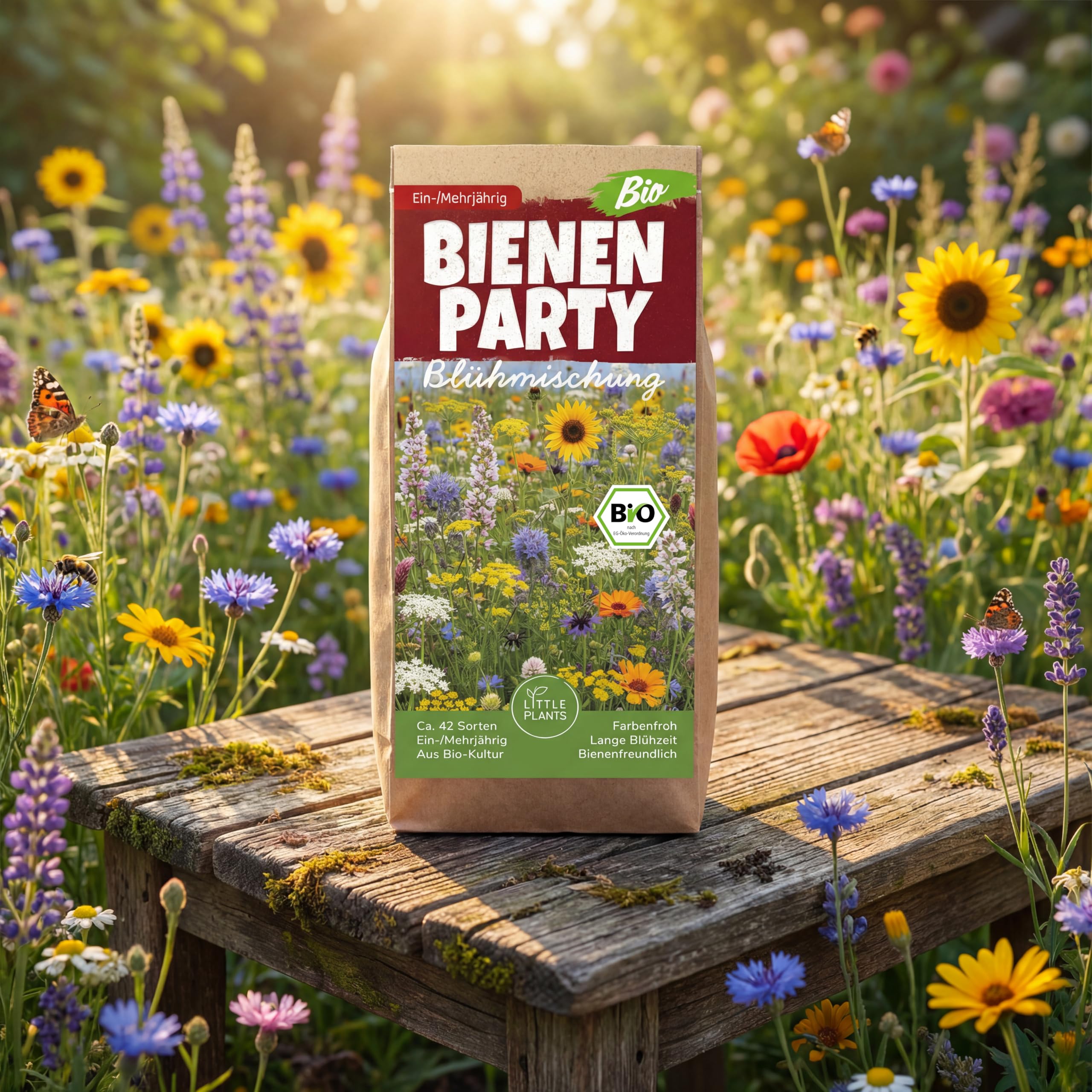 Little Plants Bio Bienenweide Blühmischung Bienenparty 125g Bio Samen Bienenwiese - Blumenwiese Samen mehrjährig winterhart - Enthält ca. 42 Sorten Wildblumensamen - 3