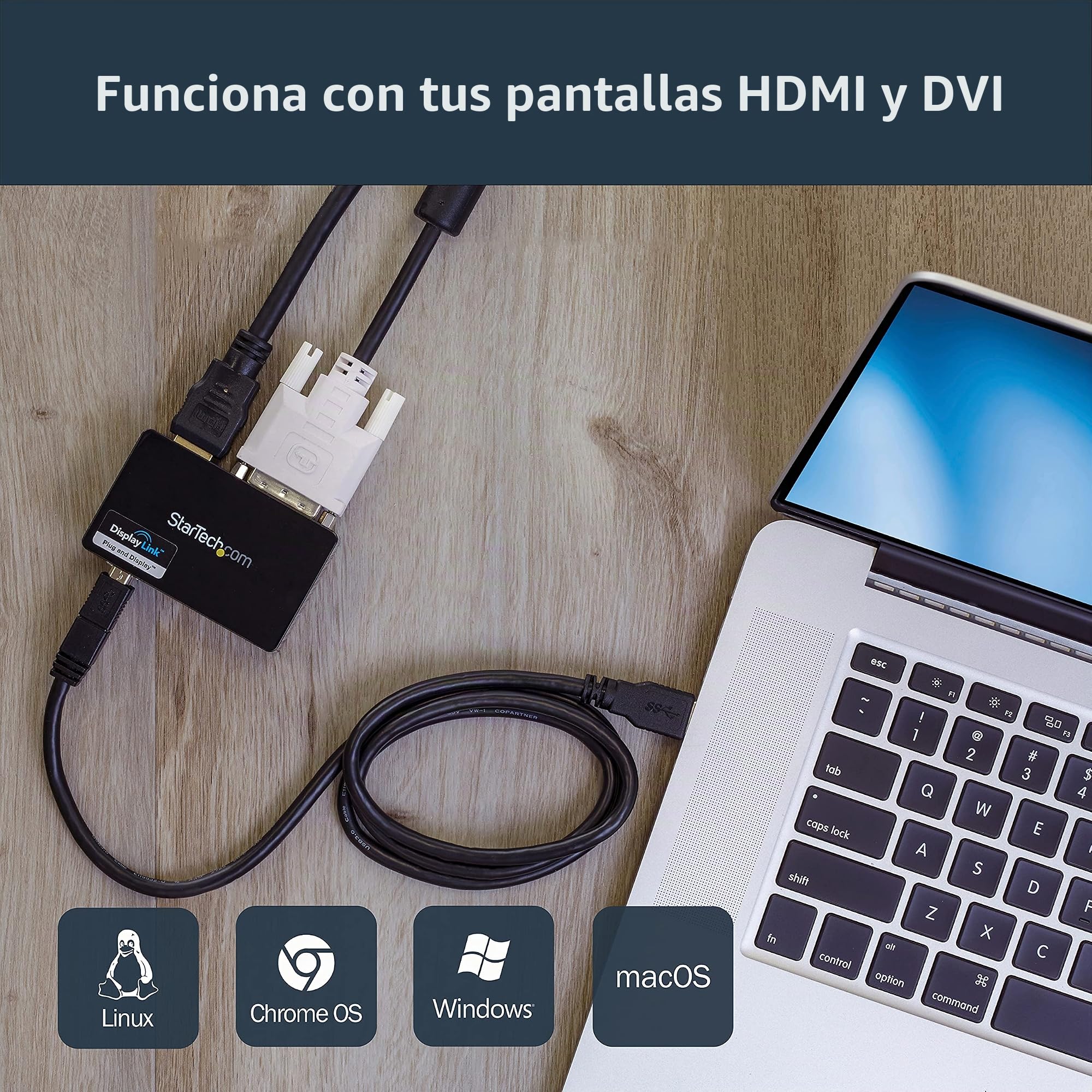 StarTech Cable Adaptador USB 3.0 a HDMI y DVI, Monitor Doble, 2048x1152 | Diseño de cabezal doble con HDMI y DVI-I simultáneos, Alimentación por USB sin corriente externa