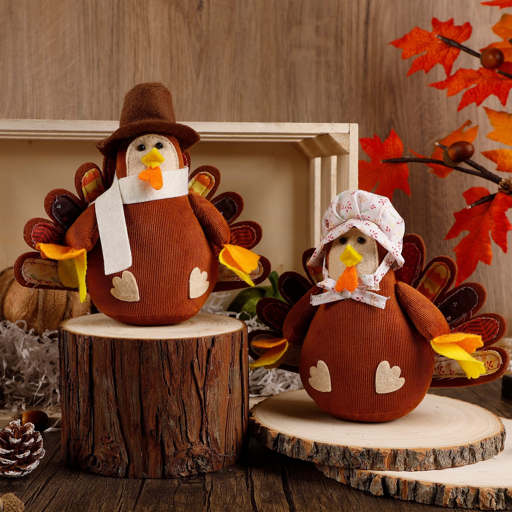 Thanksgiving Tabletop Turkey Couple, Stuffed Standing Turkeys Handmade Decorations for Autumn Fall Harvest Day Home Kitchen Room