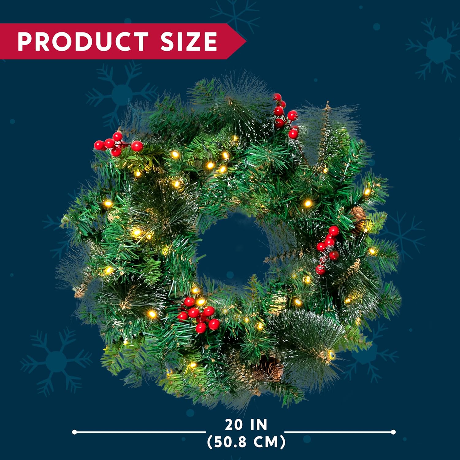 Joiedomi 20” Artificial Christmas Wreath Prelit with 15” Hanger, Decorated with 50 LED Lights, Red Berries, Pine Cones Glitter Pine Needles for Front Door Wall Christmas Decorations (Battery Operated)