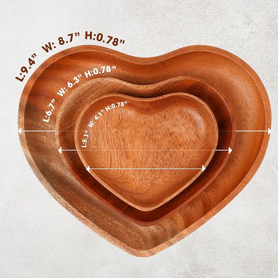 VieWood Heart Wooden Plates Set of 3 Unbreakable Classic Appetizer Plates, Easy Cleaning & Light weight for Dishes Snack, Dessert (Khaya, 4.1 & 6.3 & 8.7)