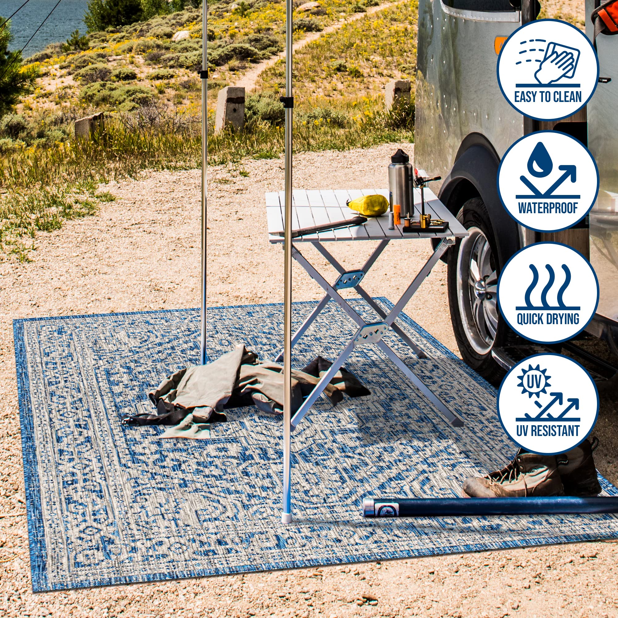 JONATHAN Y SMB101B-8 Sinjuri Alfombra Interior Exterior Textura Tejido Medallón Fácil de Limpiar, Habitación, Cocina, 240 cm x 300 cm, Azul Marino/Gris
