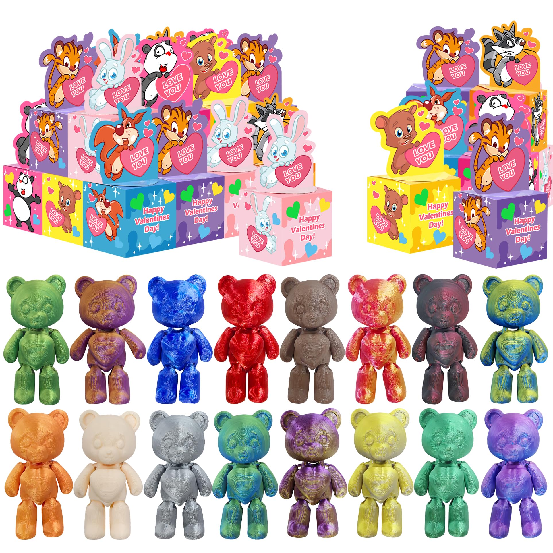 Holydeck 24 Pack Valentine's Gift for Kids Mini Bears Toys Party Favors, 3D Print Mini Bear Toys with Gift Box for Kids Girls Boys Valentines Day Gifts Classroom School Exchange Prize
