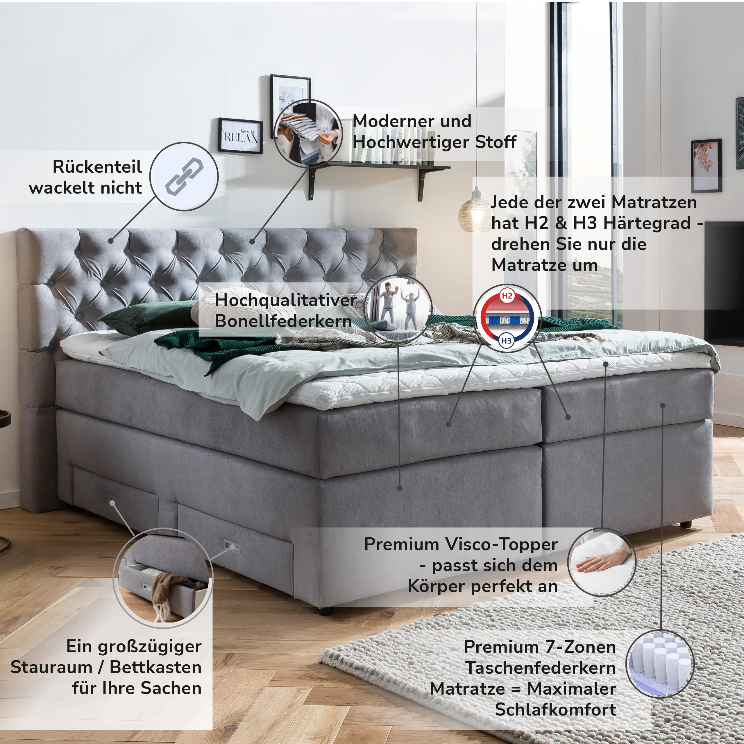Belanoti Lara Boxspringbett 180x200 mit 4 Schubladen Stauraum Bett 180x200 mit Bettkasten in der Farbe Hellgrau H2 und H3 Chesterfield Kopfteil 7-Zonen Taschenfederkern Matratze inkl. Visco Topper