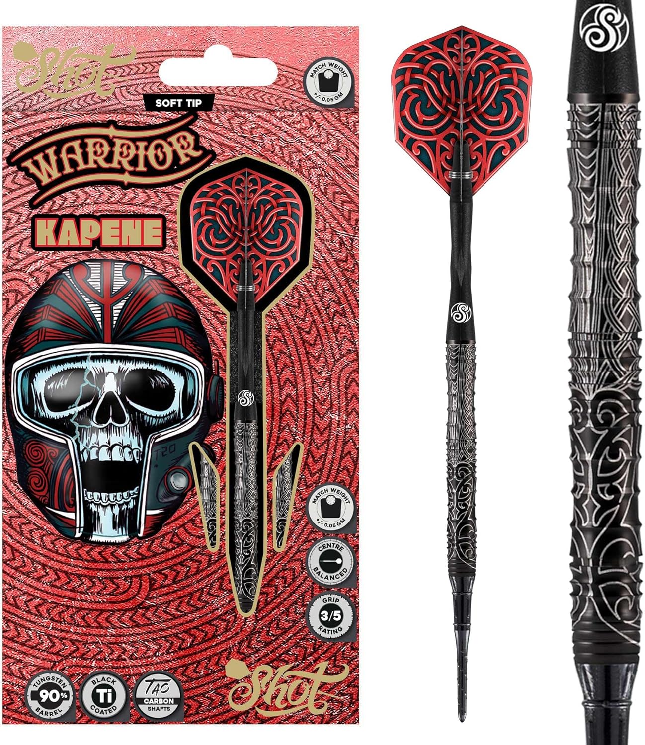 Shot! Darts Soft Tip, Warrior Kapene (18g/20g), 90% Tungsten Barrels, Center Balanced for Maximum Aerodynamics Handcrafted Professional Dart Set and Flights Made in New Zealand, Plastic Tip Bar Darts