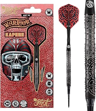 Shot! Darts Soft Tip, Warrior Kapene 18g/20g, 90% Tungsten Barrels, Center Balanced for Maximum Aerodynamics Handcrafted Professional Dart Set and Flights Made in New Zealand, Plastic Tip Bar Darts