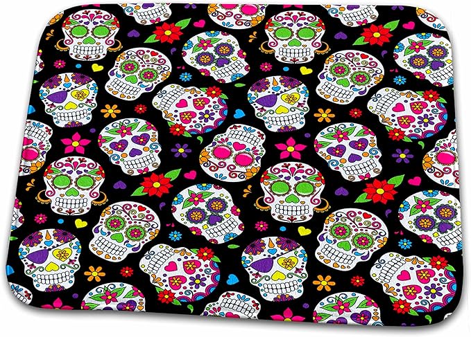 3dRose Bathroom Bath Rug Mat - Colorful Scattered Sugar Skulls On A Black Background Pattern Sugar Skulls