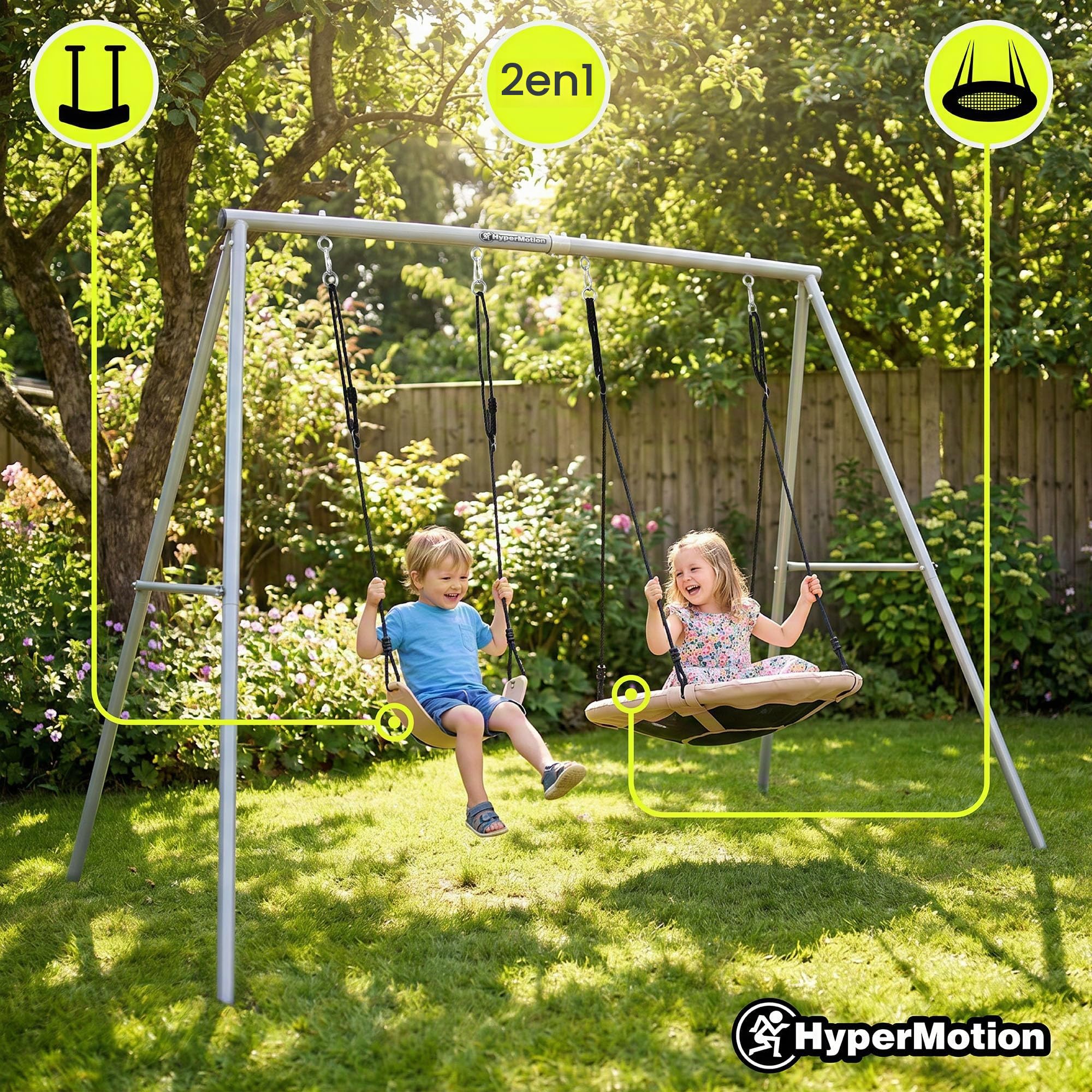 HyperMotion Balançoire Double en Métal Peint Gris/Beige, Siège Classique et Nid d'Oiseau, Structure 235 × 172 × 183 cm, Capacité 100 kg par Siège, 2 Places