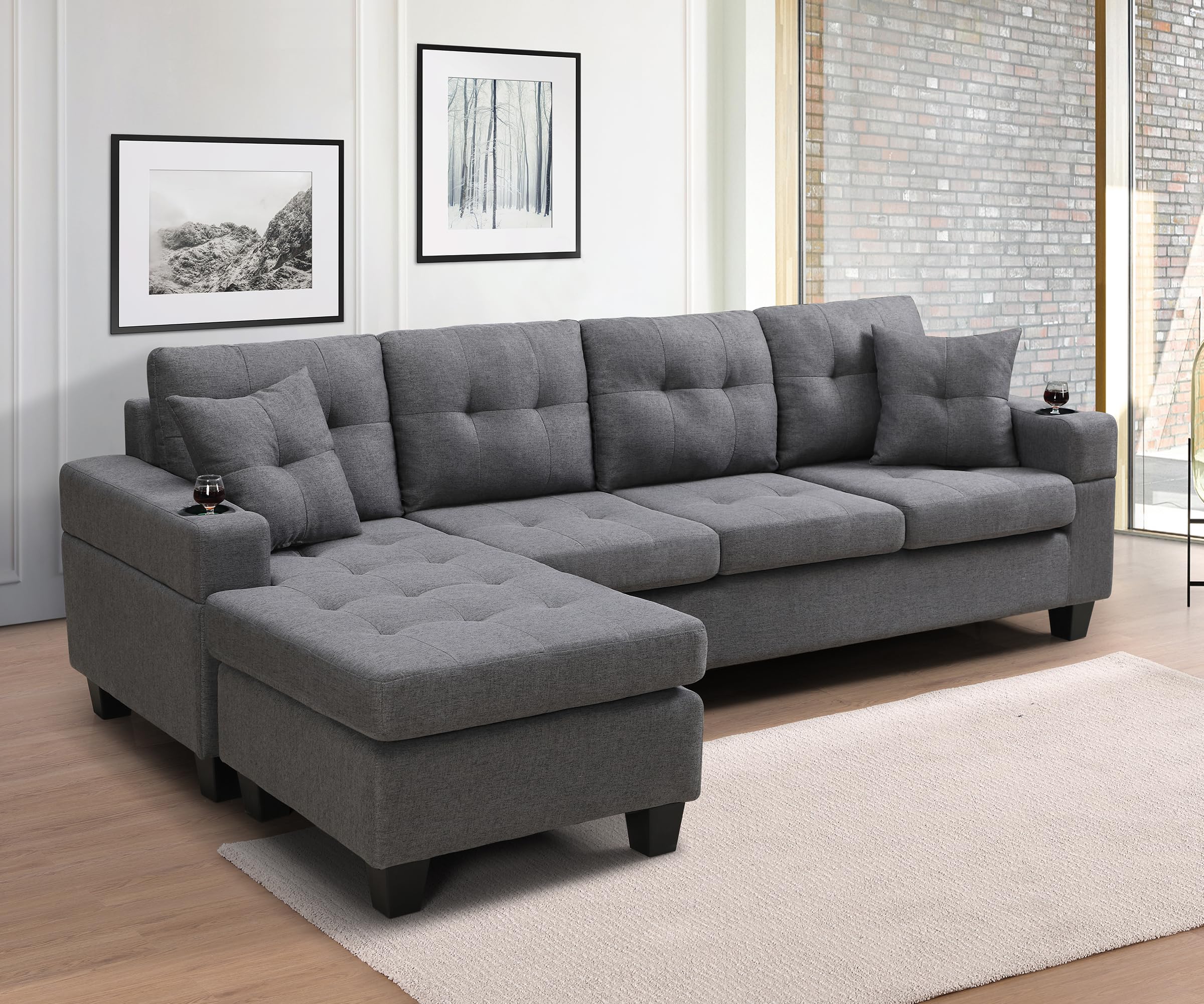 Wakefit Sectional Sofa Couch, Modern 4-Seaters Living Room Furniture Sets with Reversible Chaise Lounge & 2 Pillows | L Shape Couch | Cup Holders |