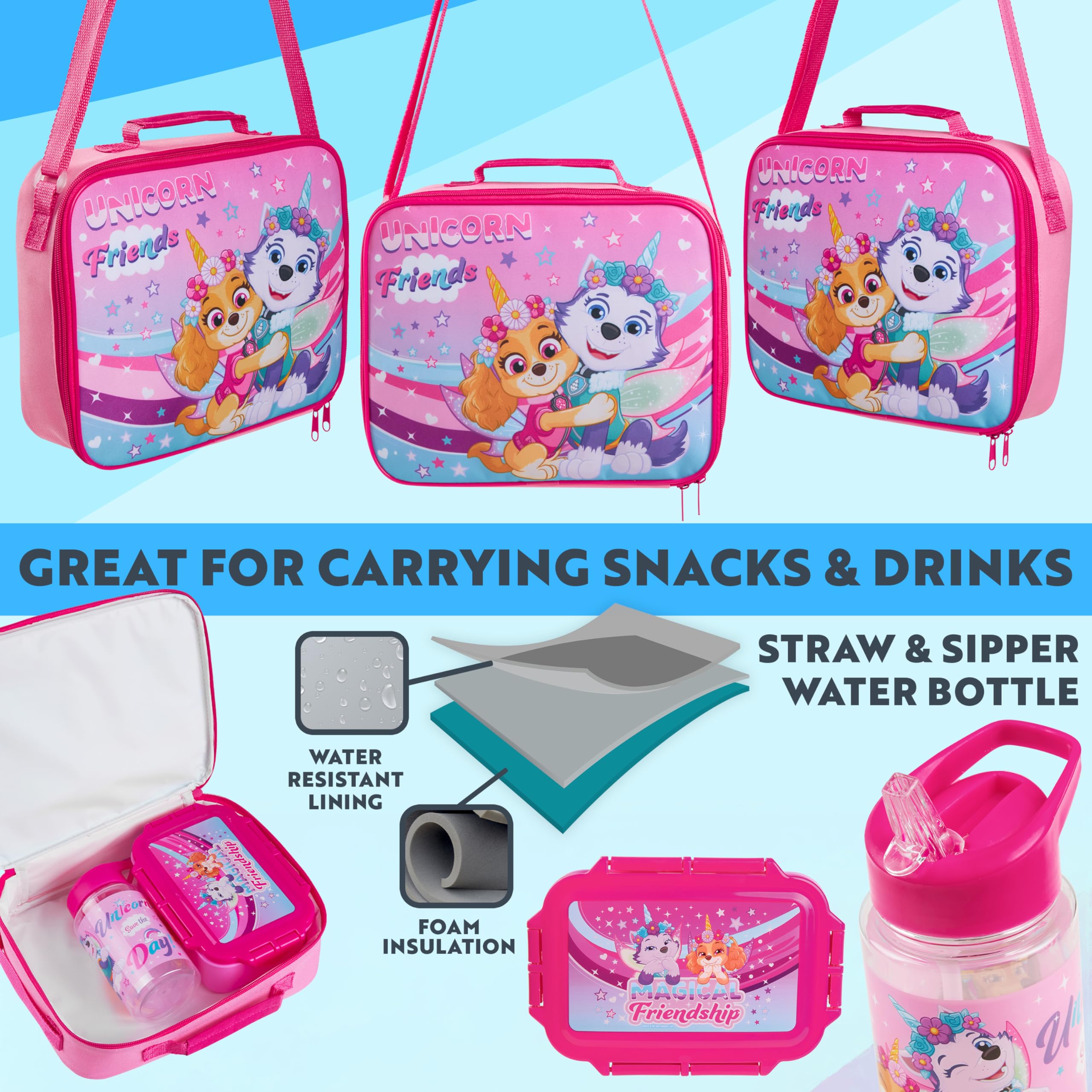 Get Trend Paw Patrol Brotdose Set mit Kühltasche Wasserflasche Lunchbox Kinder Isoliertasche mit Flasche Schule Kindergarten Picknick Mädchen Jungen (Rosa Paw Patrol)