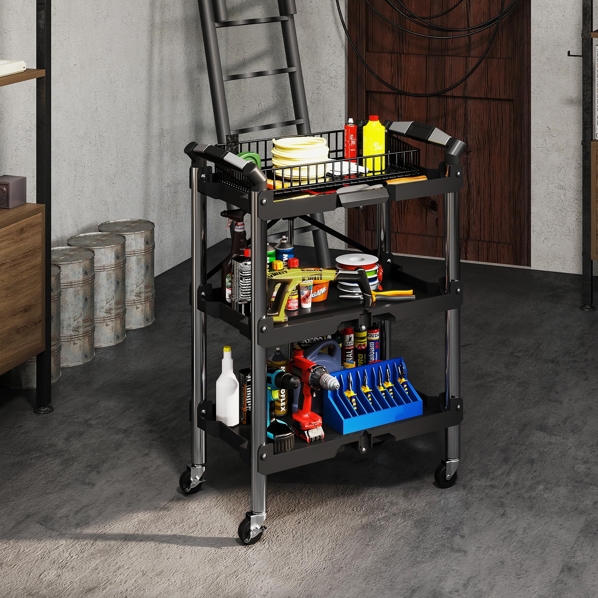 HOMCOM Carrello attrezzi pieghevole 3 livelli, ruote, 150 LBS, nero | Carrello utility pieghevole con maniglie, organizer servizio mobile, per garage magazzino officina.
