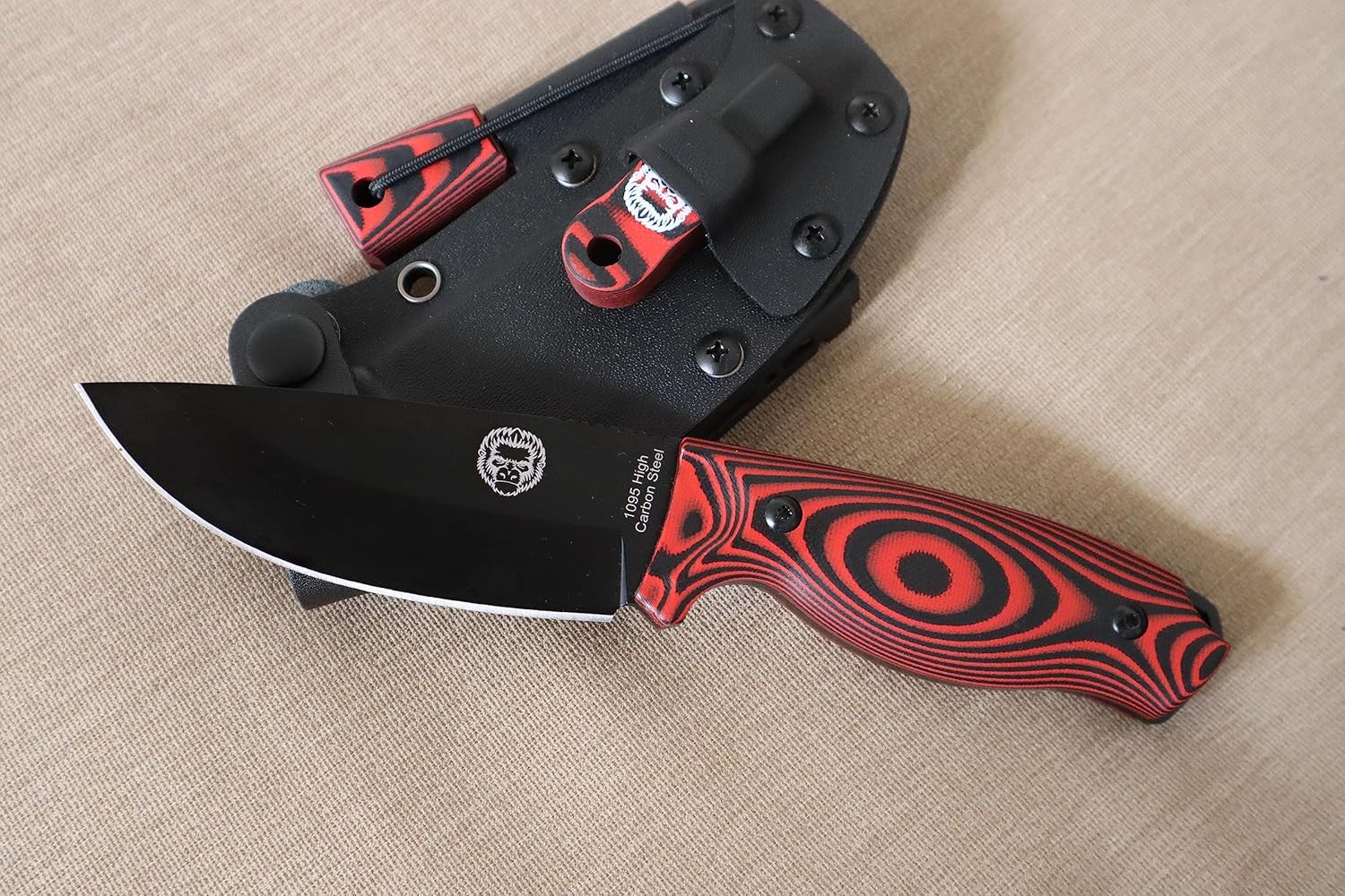 Holtzman's Gorilla Survival Bloodline Full Tang Fixed Blade Survival Knife with Kydex Sheath (Red) - Durable 1095 High Carbon Steel