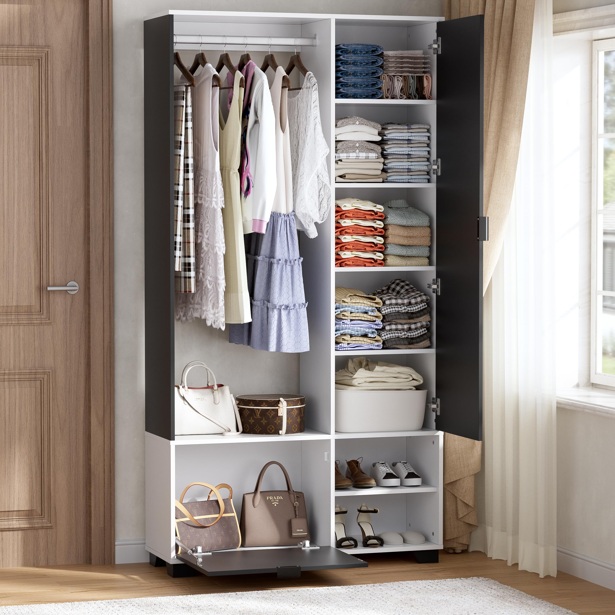 MSFE Meuble d'entrée Vestiaire avec 144 cm Miroir,Ensemble de Garde-Robe Compact avec Tringle à Vêtements,Armoire à Chaussures et Compartiments,Meuble D'entrée avec Rangement,100L x 33L x 190H cm