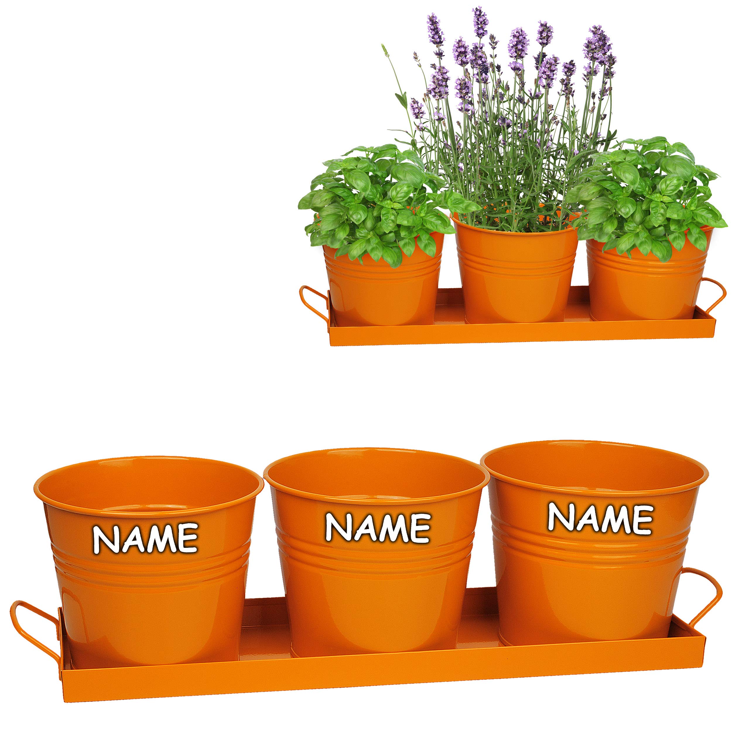 Produktbild von 3er-Set Blumentopf-Kombinationen Mit Tablett - Grüne Metall-Töpfe Je 2,1 Liter