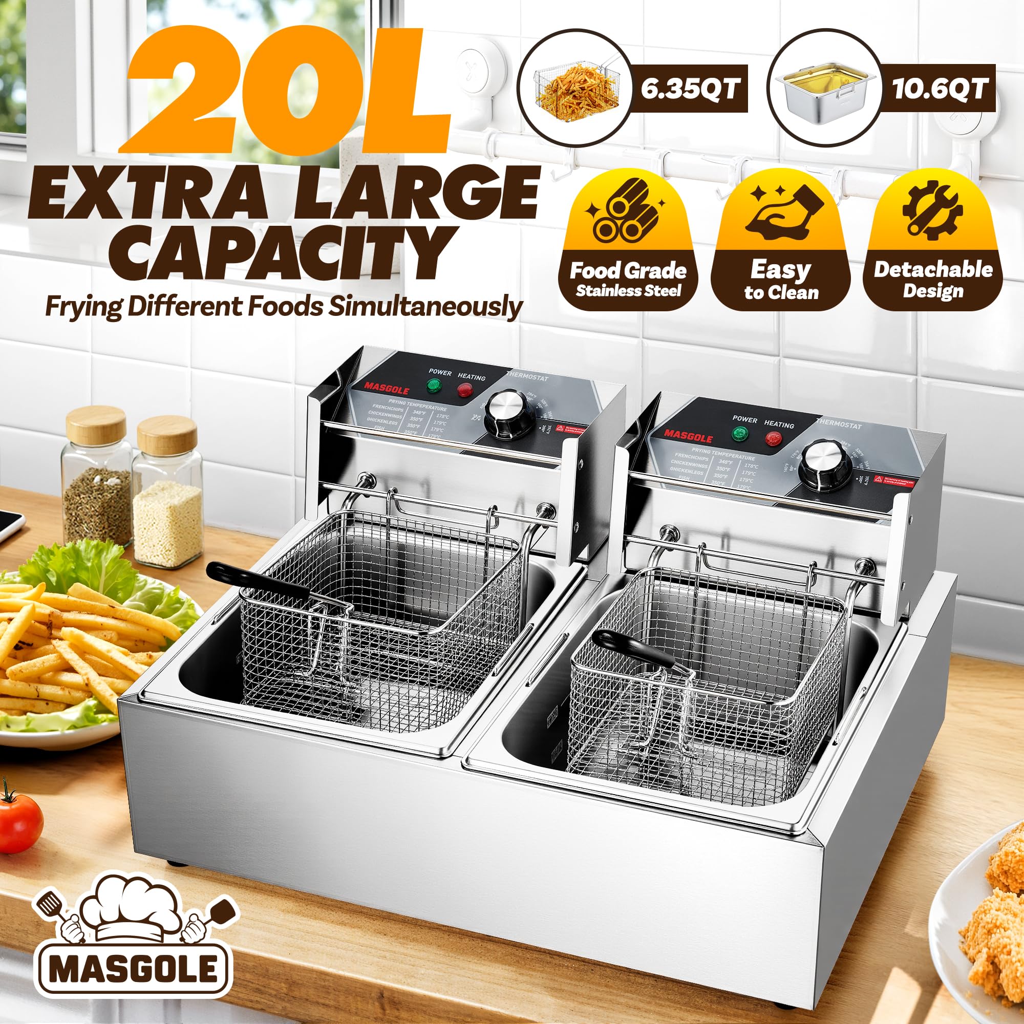 Freidora comercial con cesta, 21.2QT 3400 W de acero inoxidable grande freidora eléctrica para encimera para uso doméstico y restaurante, 20 L